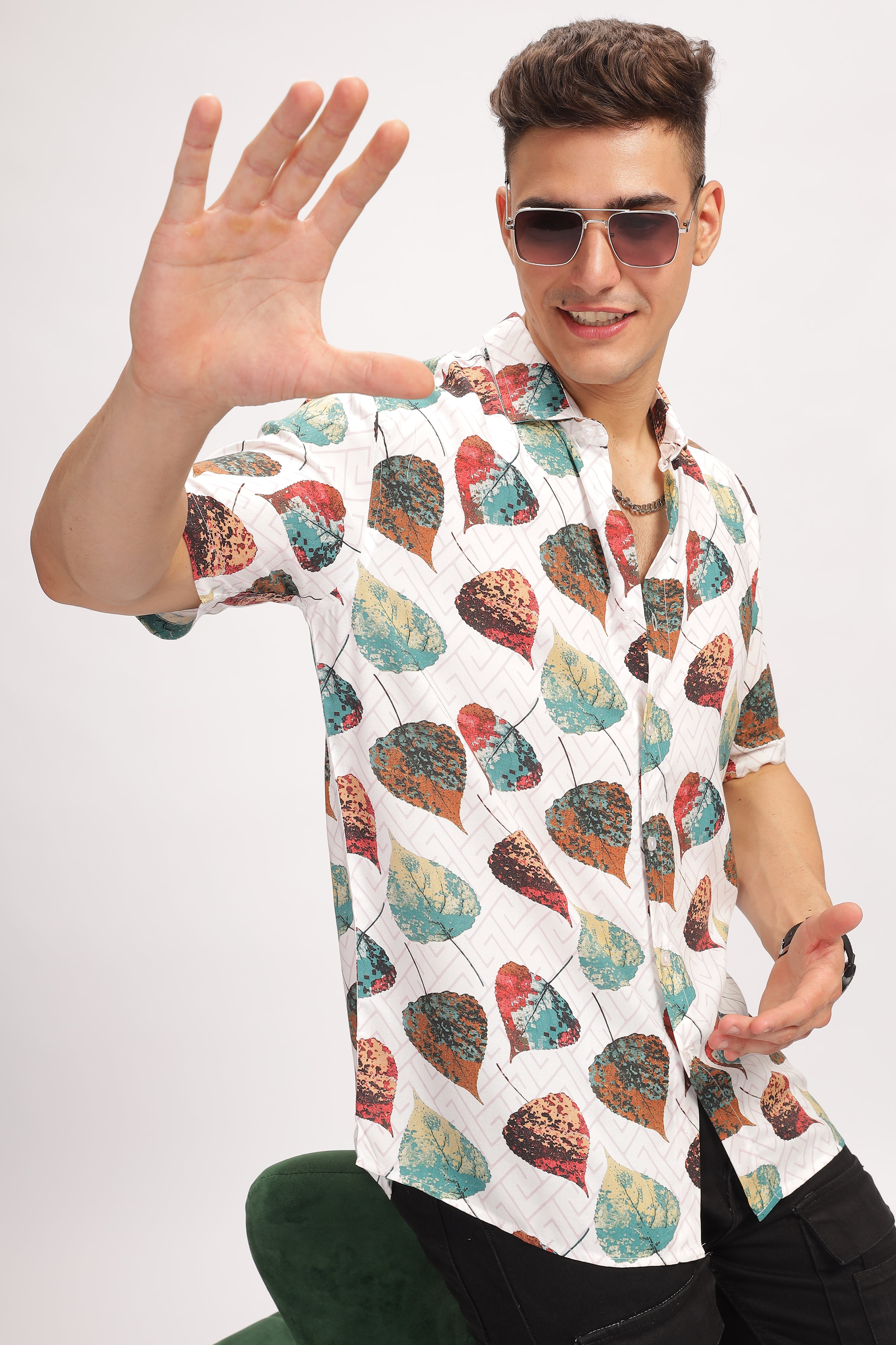White Leaf Printed Oversized Shirt