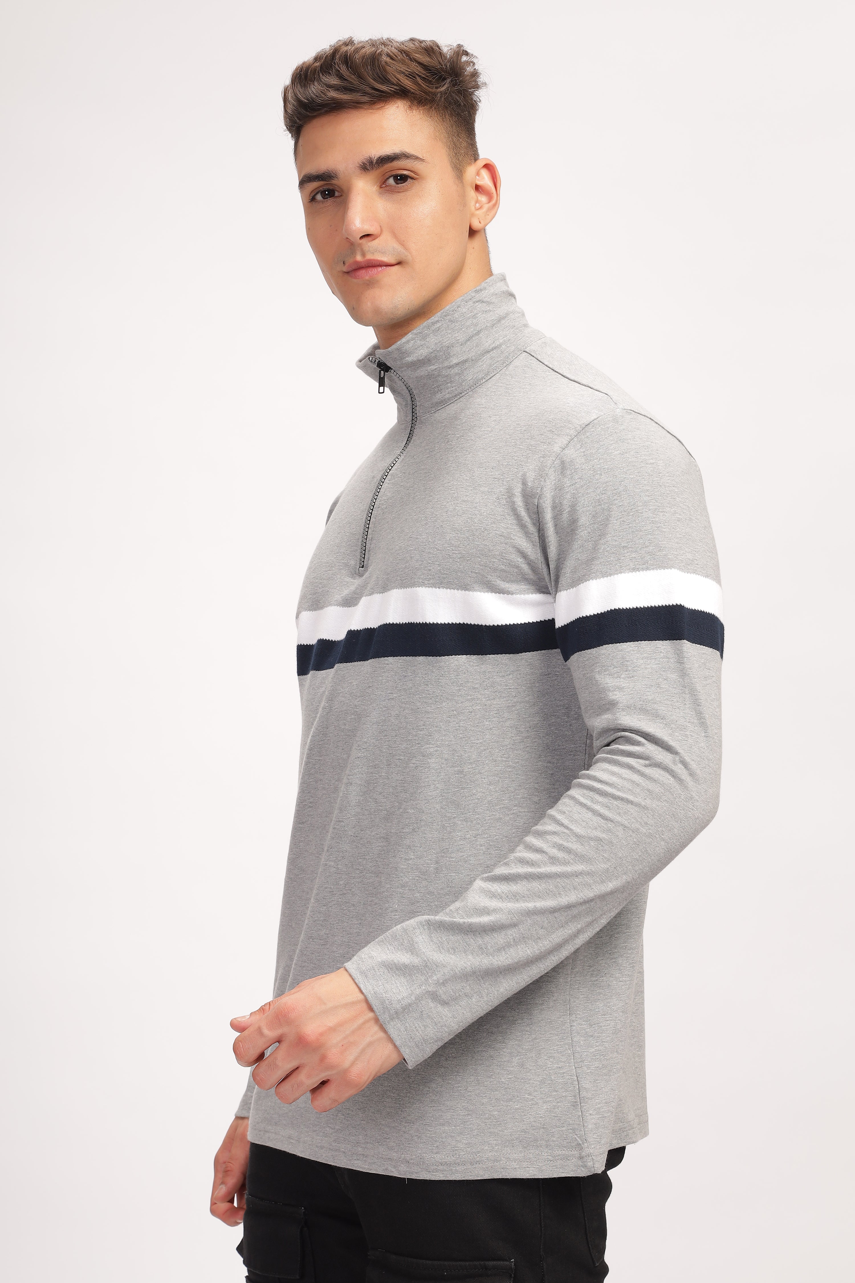 Grey Melange Color Blocked Zipper T-Shirt