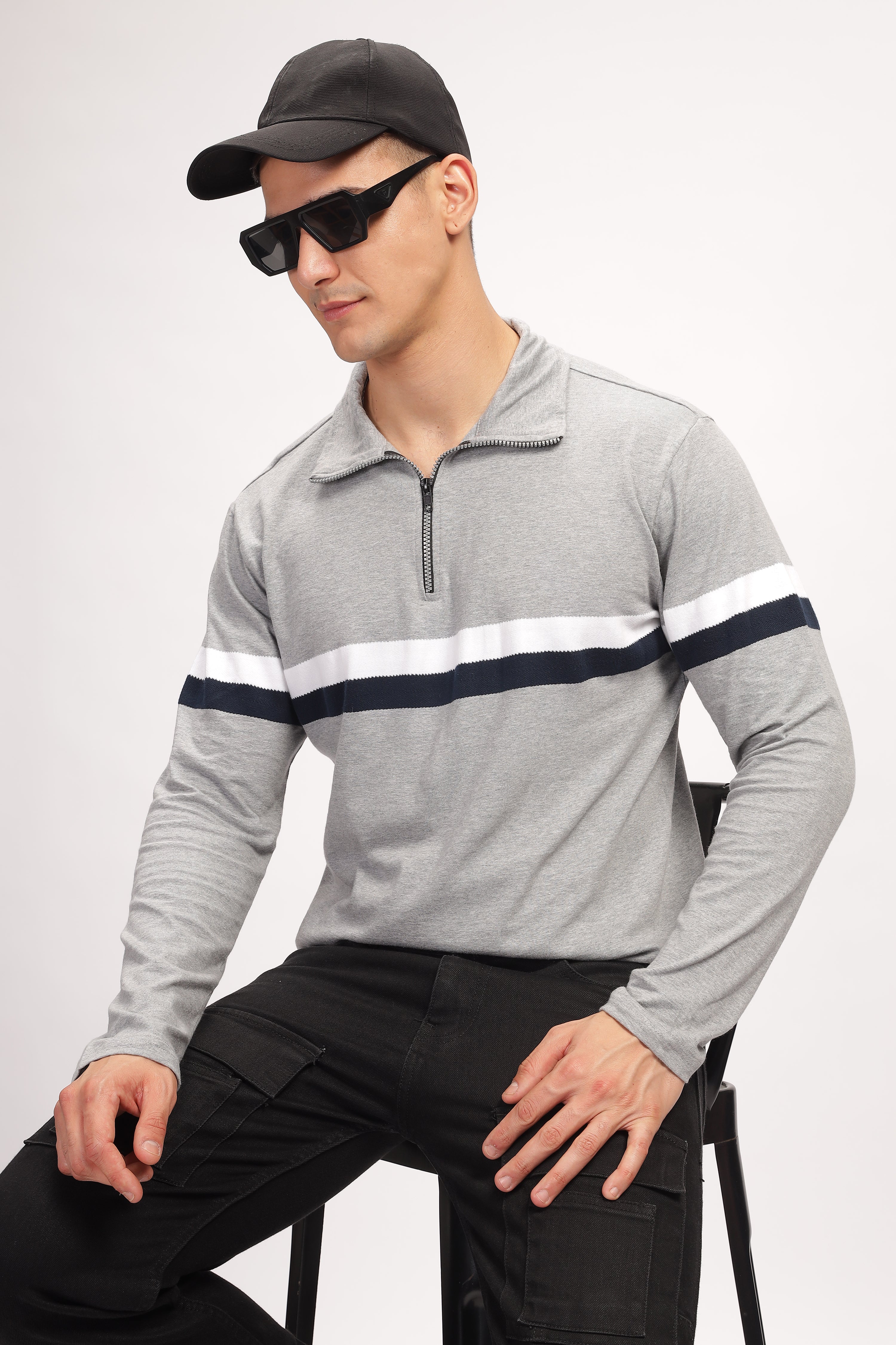 Grey Melange Color Blocked Zipper T-Shirt