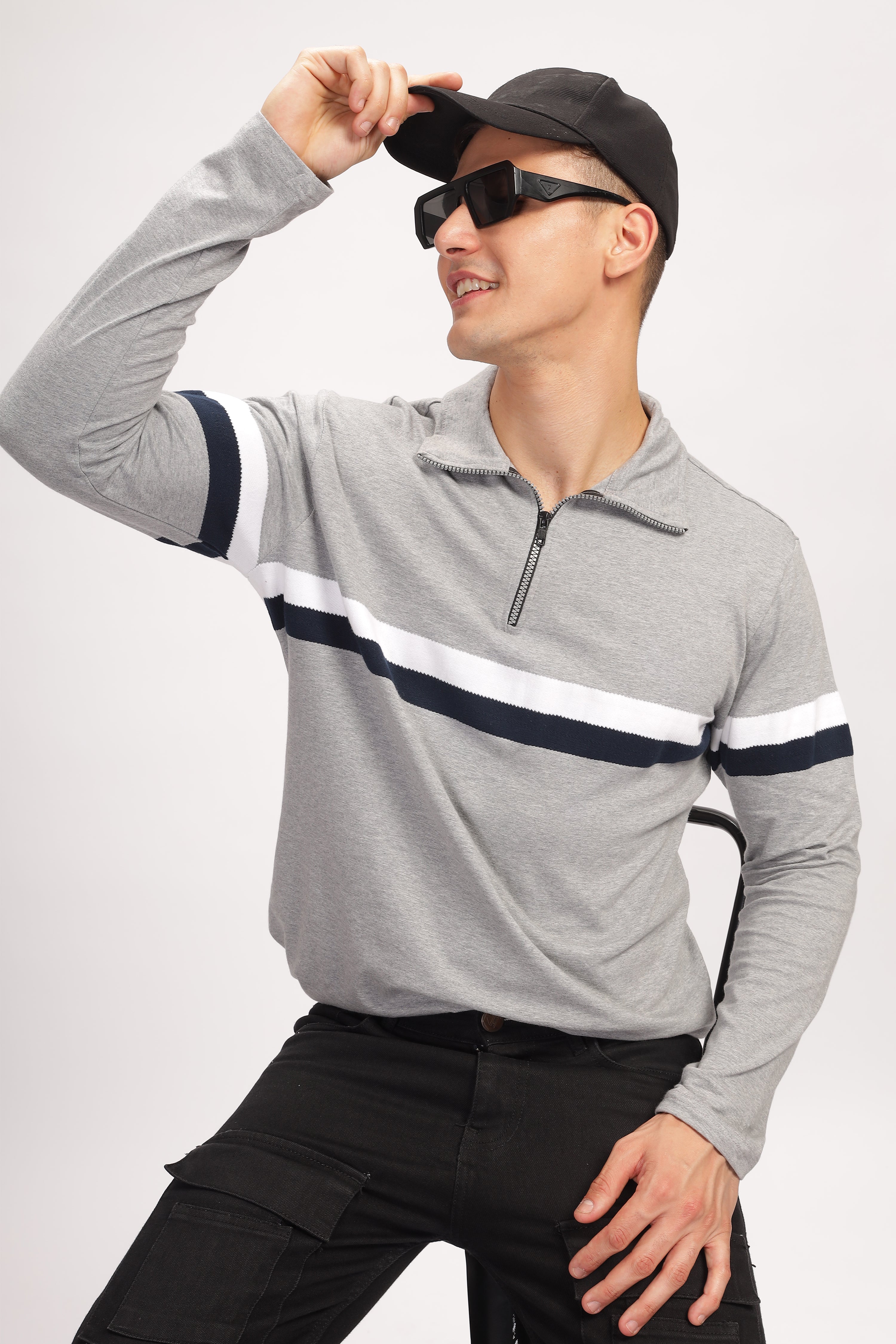 Grey Melange Color Blocked Zipper T-Shirt