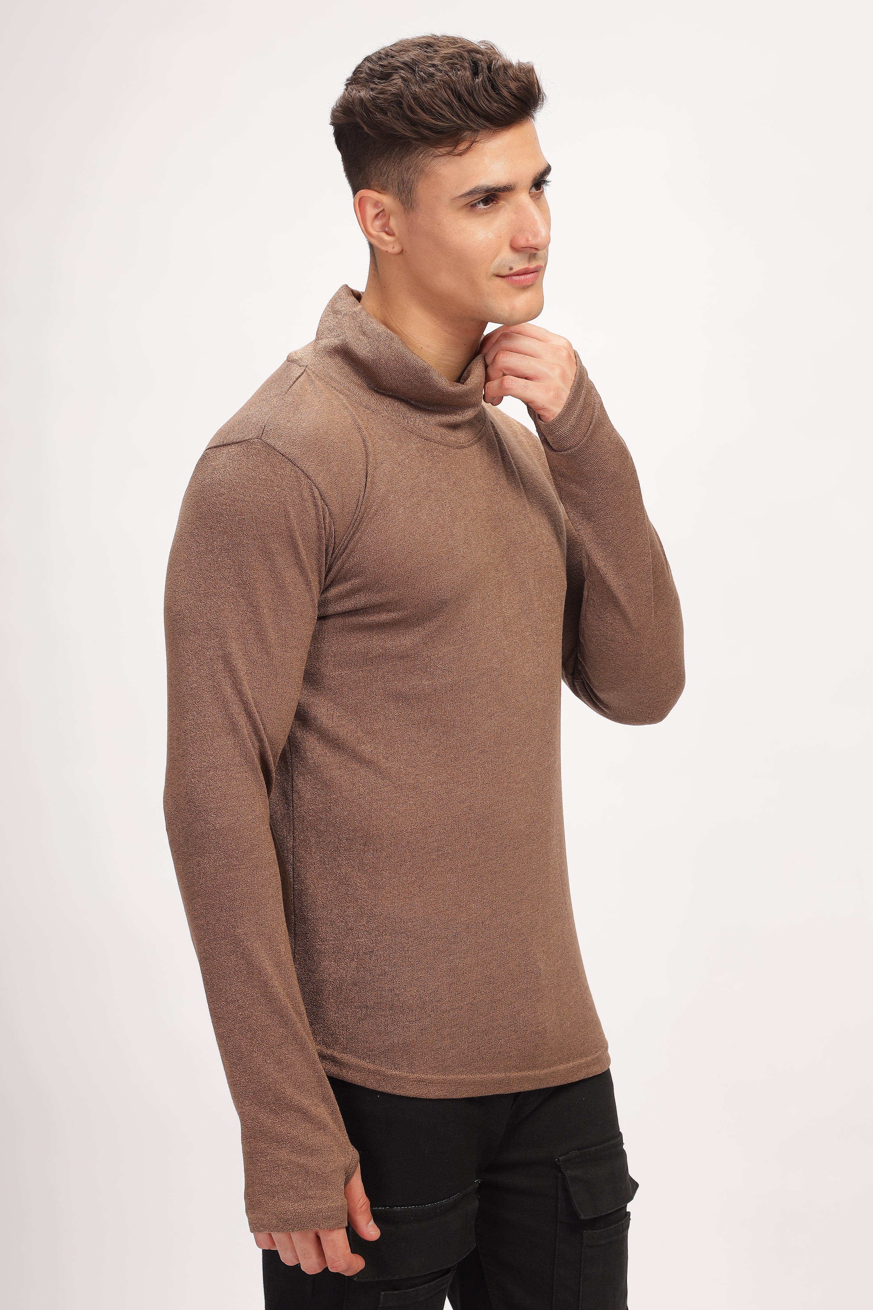 Brown Thumb Hole Self Design T-Shirt