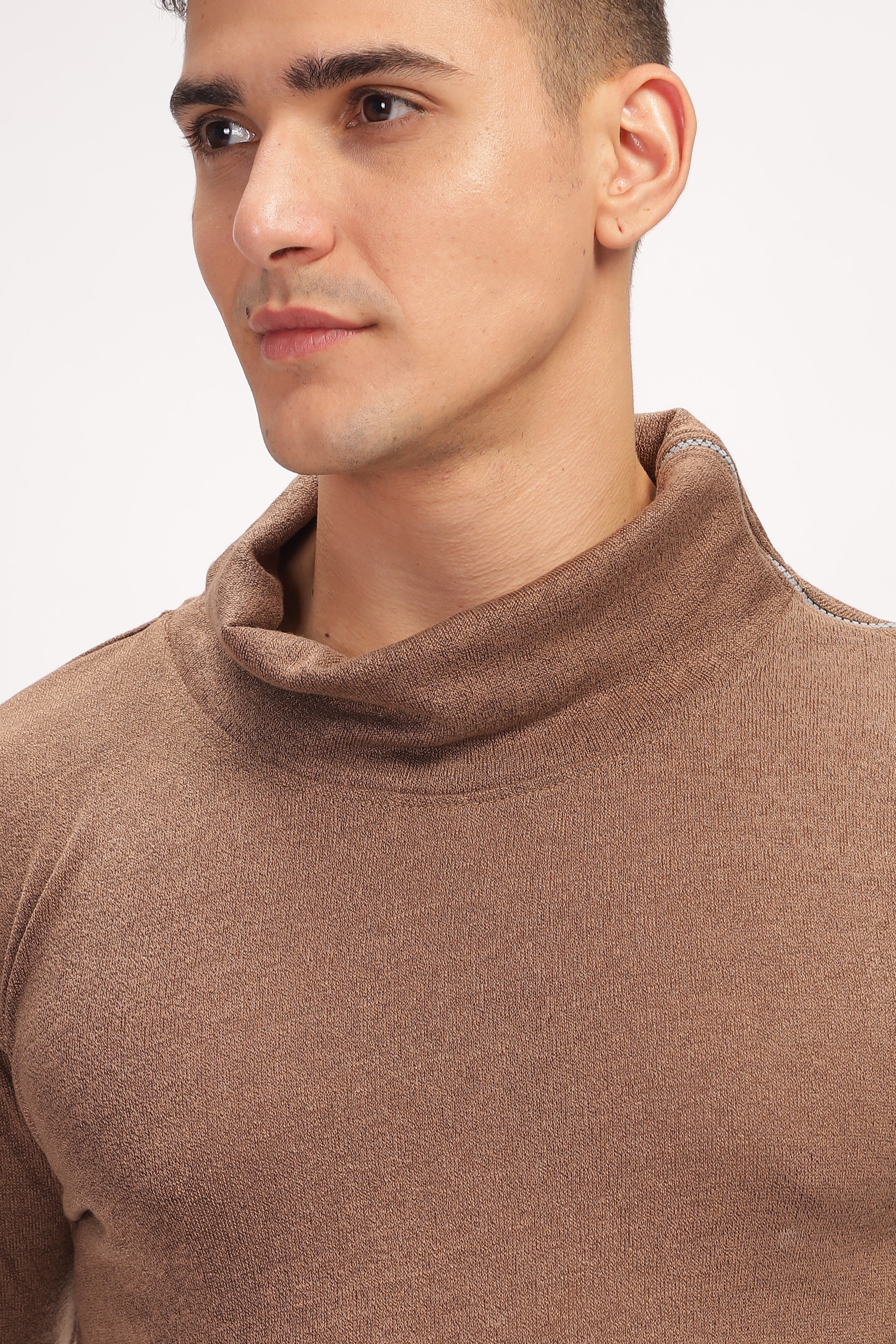 Brown Thumb Hole Self Design T-Shirt