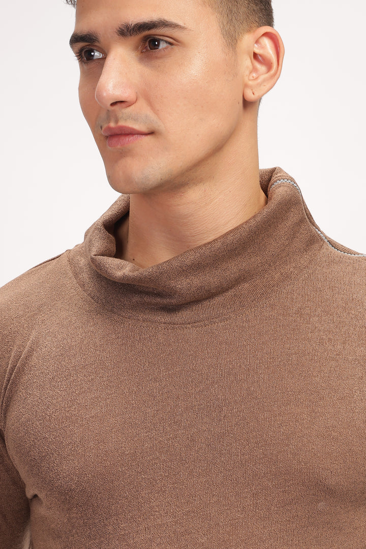 Brown Thumb Hole Self Design T-Shirt