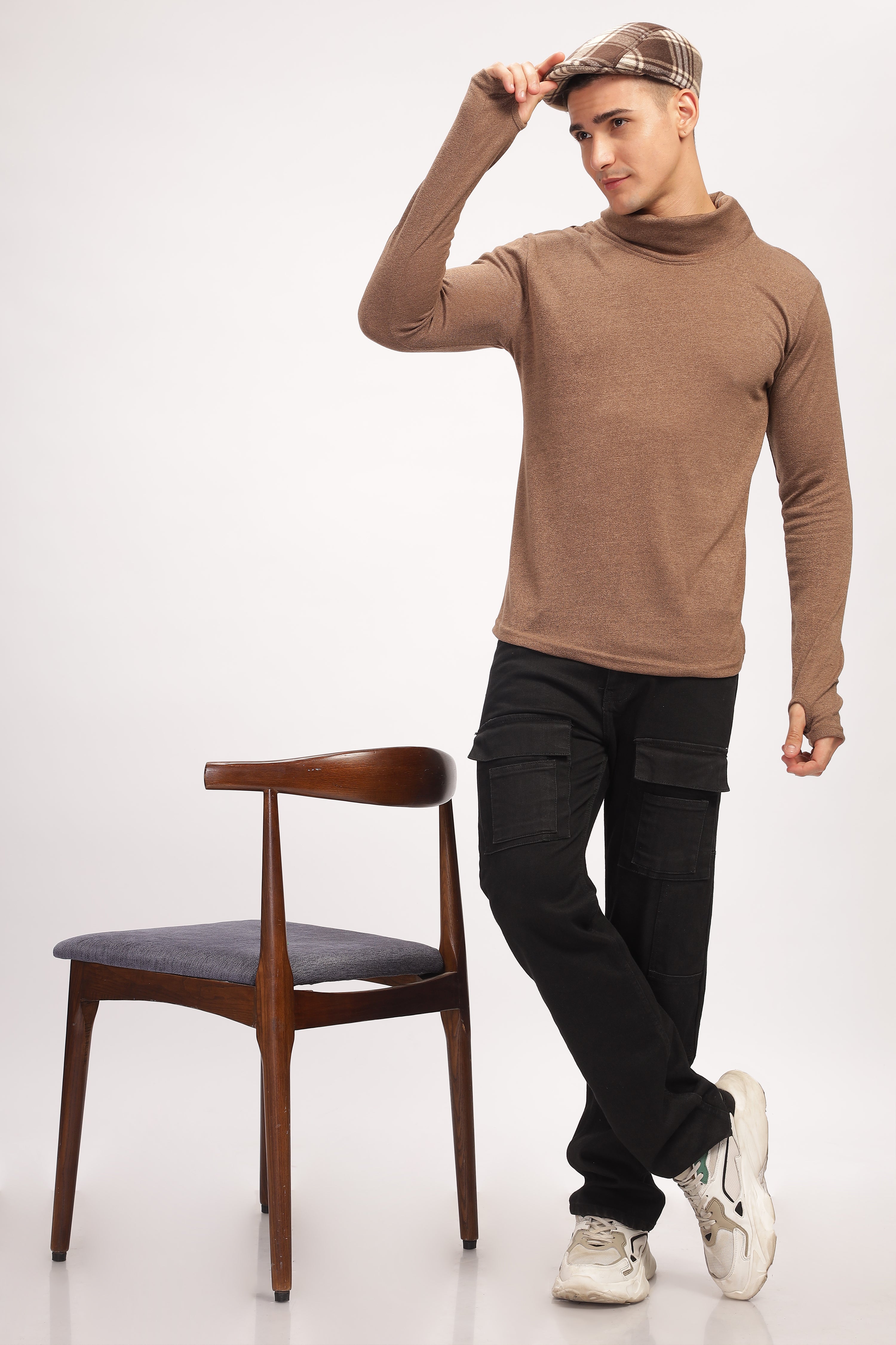 Brown Thumb Hole Self Design T-Shirt