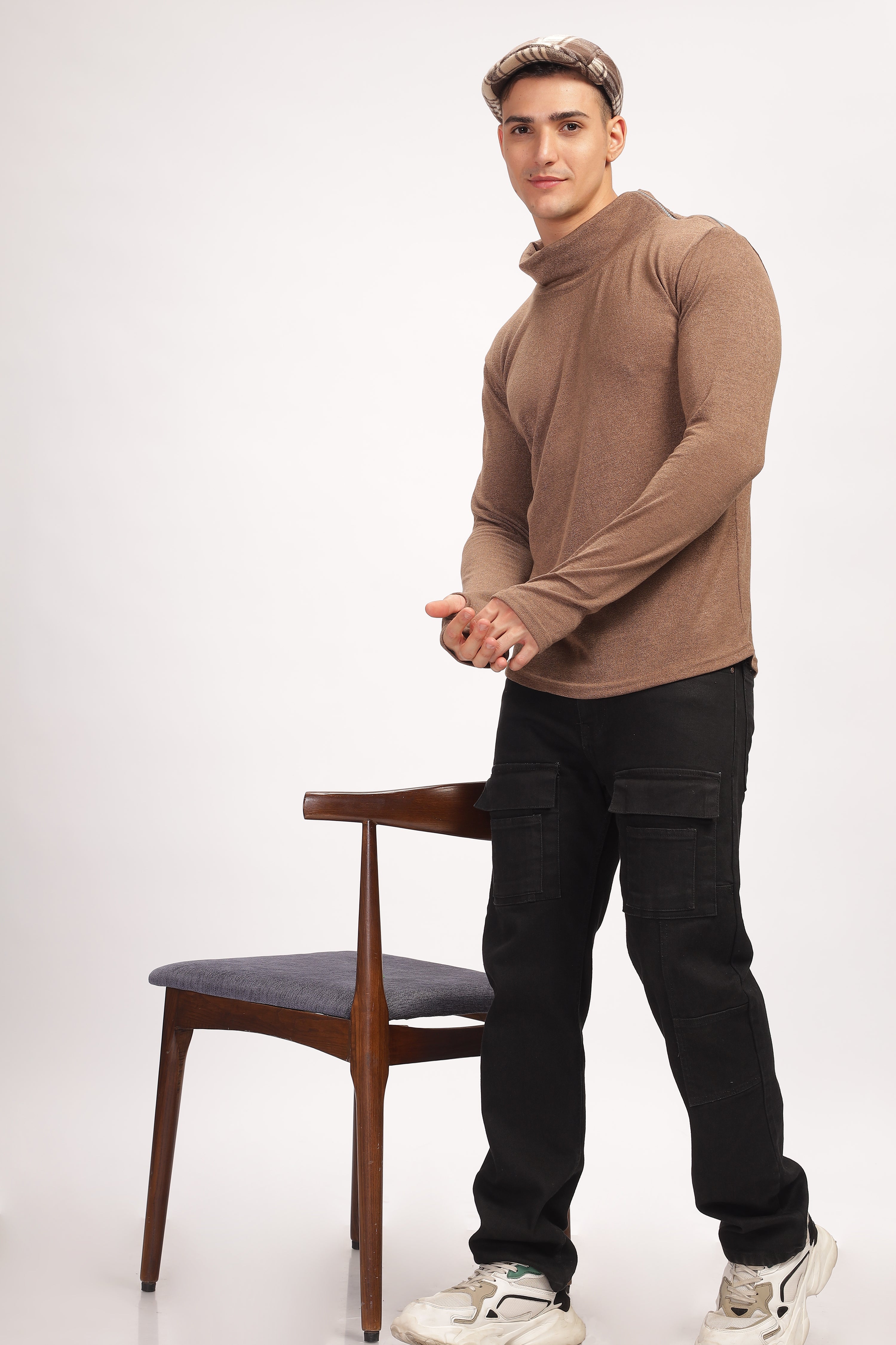 Brown Thumb Hole Self Design T-Shirt