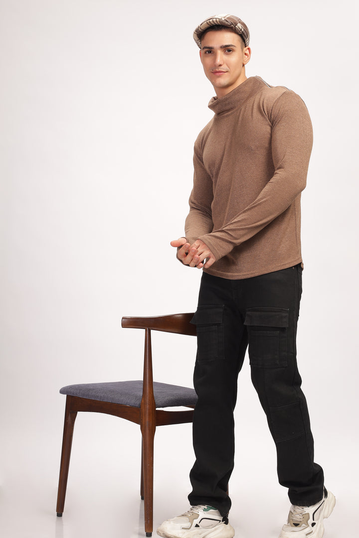 Brown Thumb Hole Self Design T-Shirt