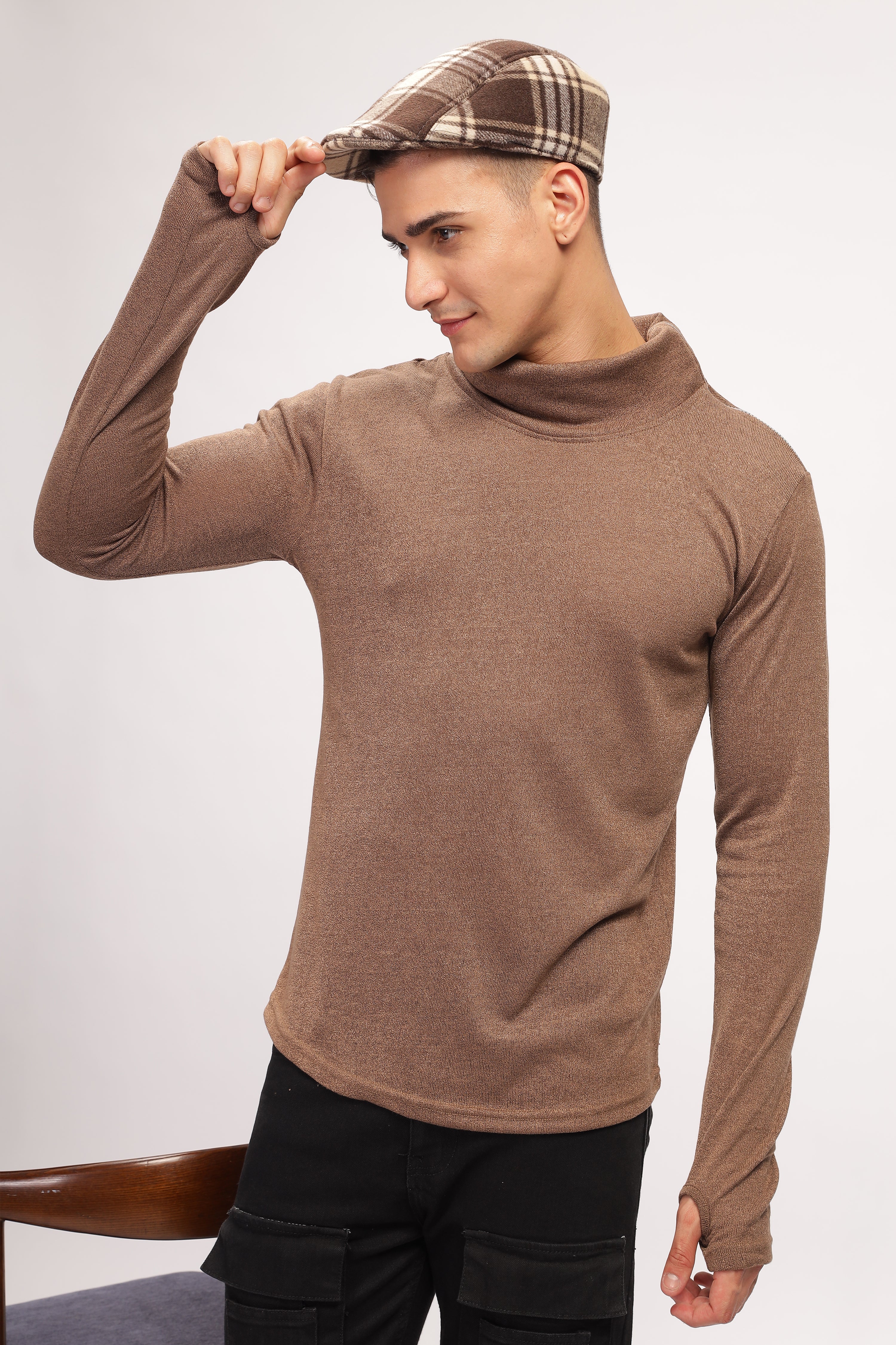 Brown Thumb Hole Self Design T-Shirt