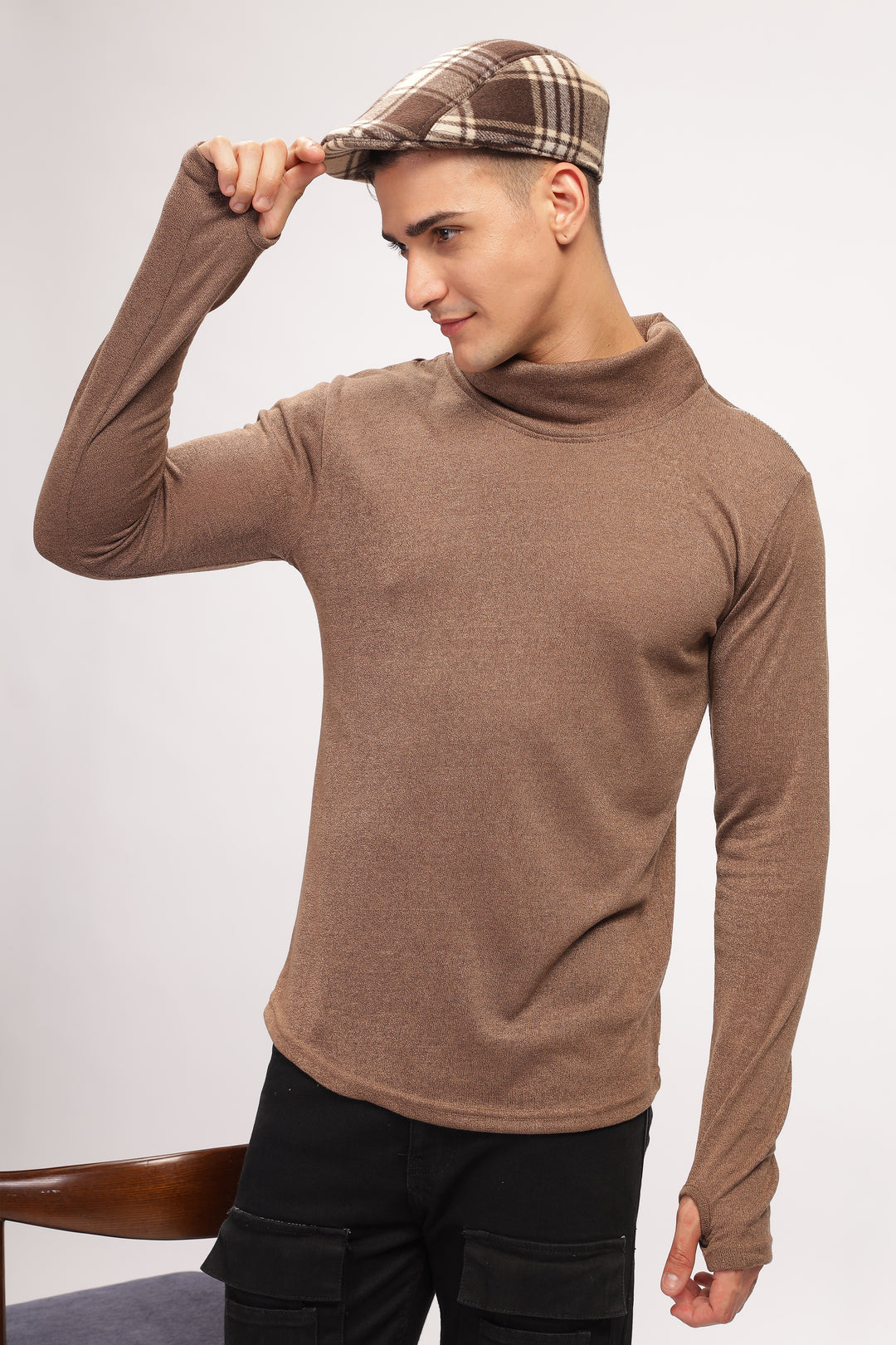 Brown Thumb Hole Self Design T-Shirt