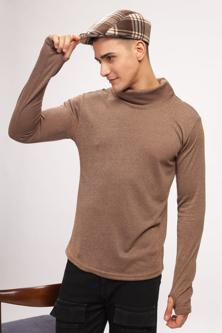Brown Thumb Hole Self Design T-Shirt