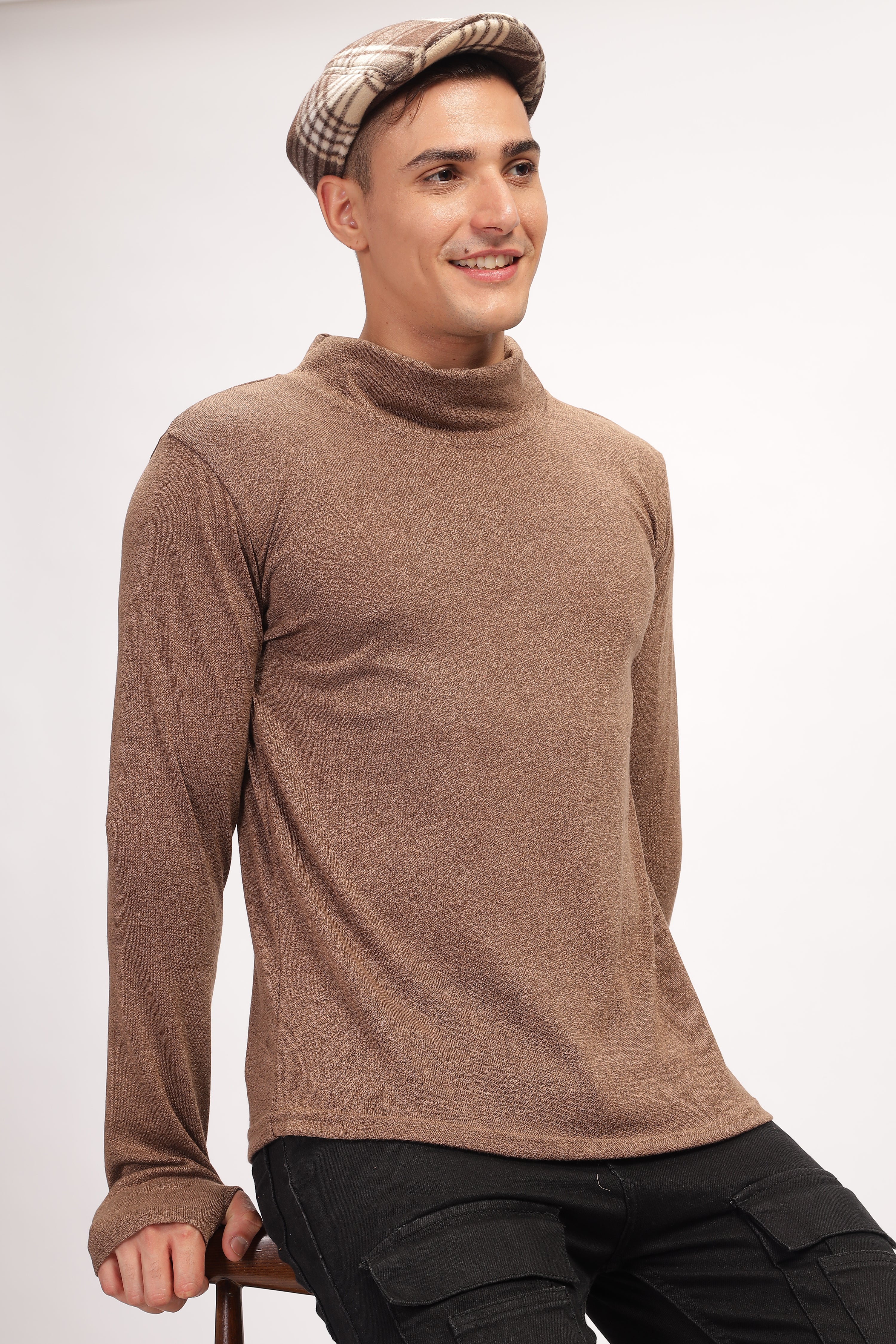 Brown Thumb Hole Self Design T-Shirt