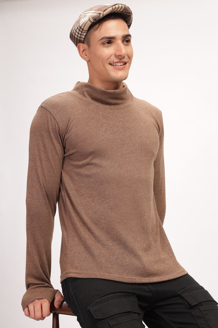 Brown Thumb Hole Self Design T-Shirt