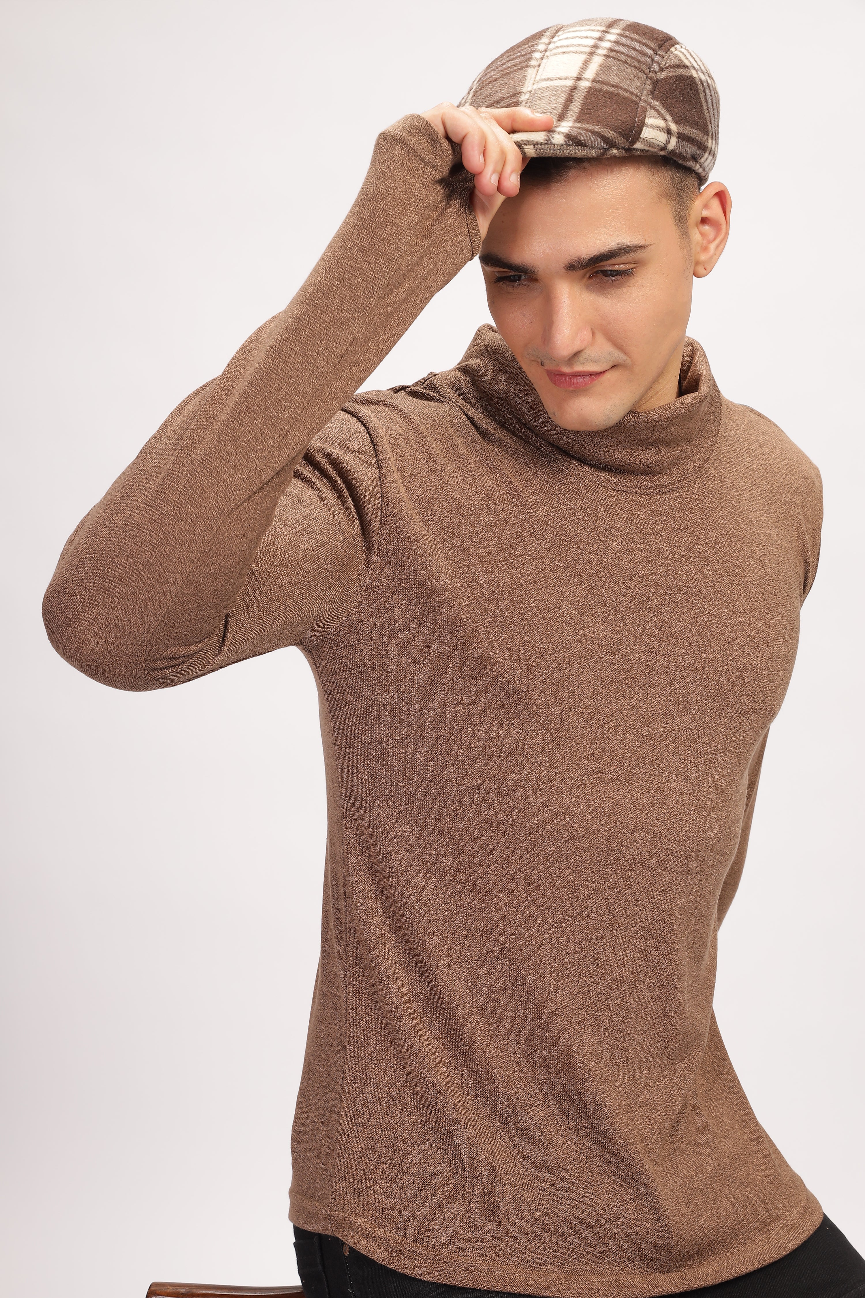 Brown Thumb Hole Self Design T-Shirt