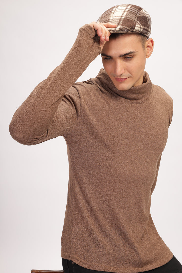 Brown Thumb Hole Self Design T-Shirt