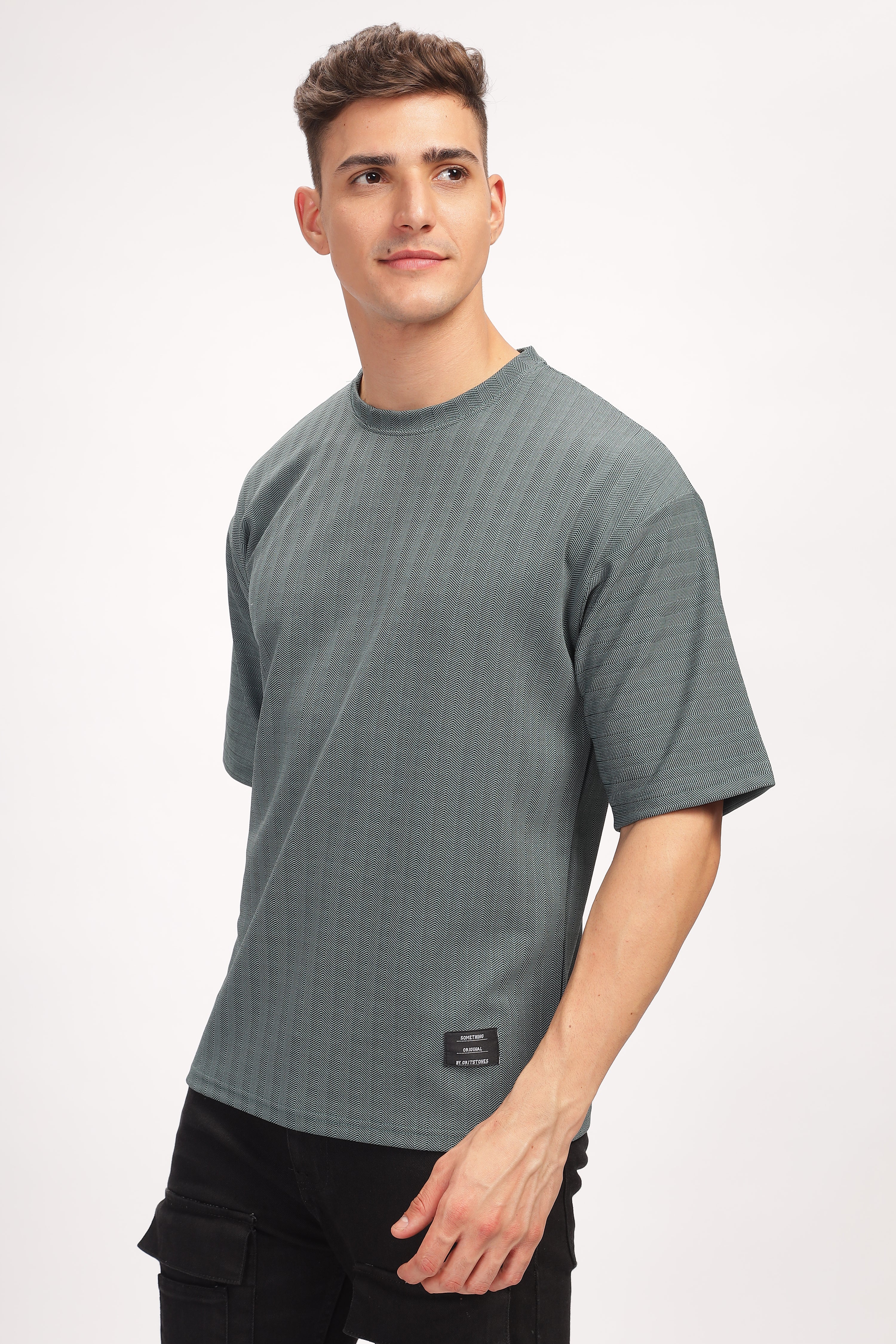 Turquoise Oversized Self Design T-Shirt