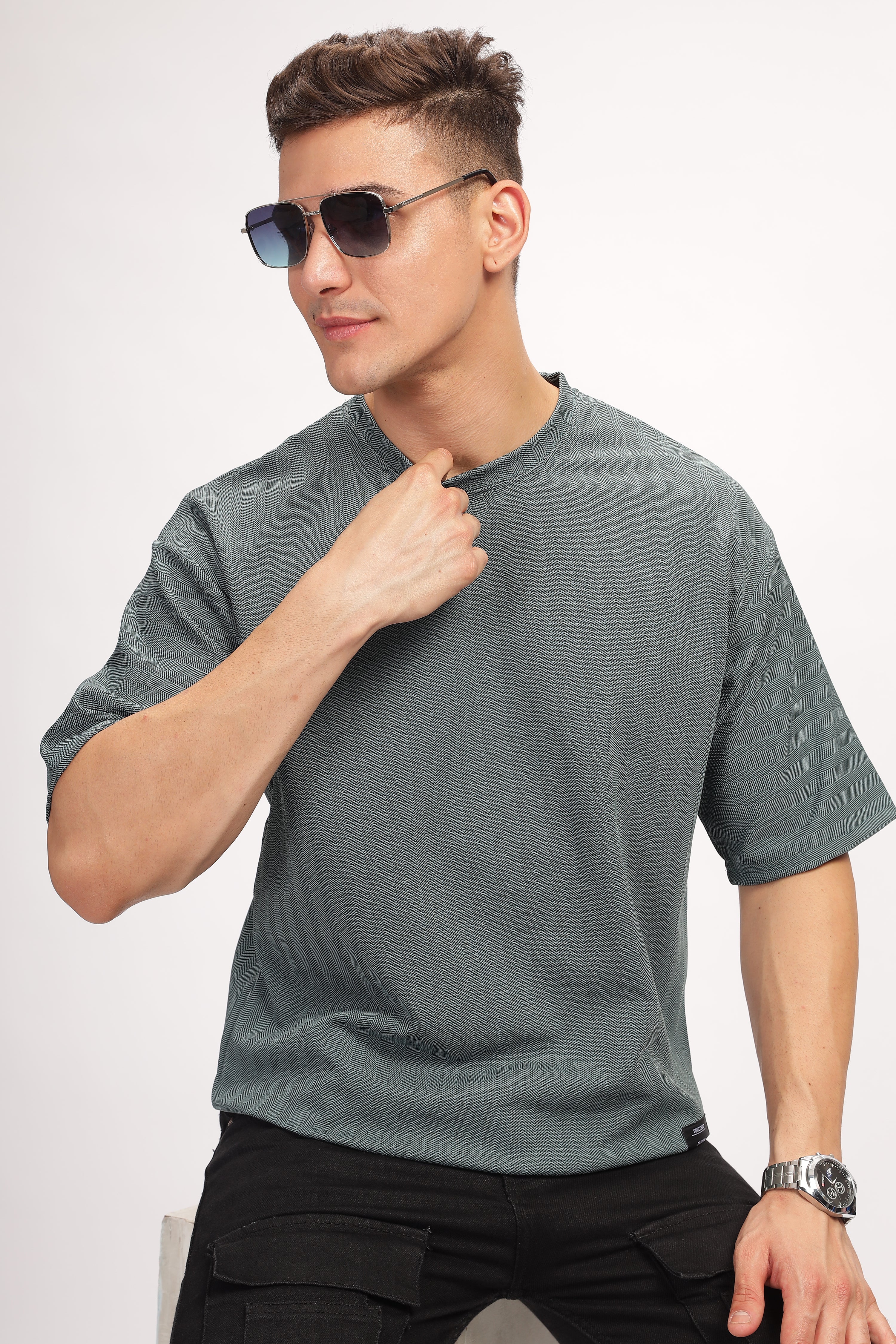 Turquoise Oversized Self Design T-Shirt
