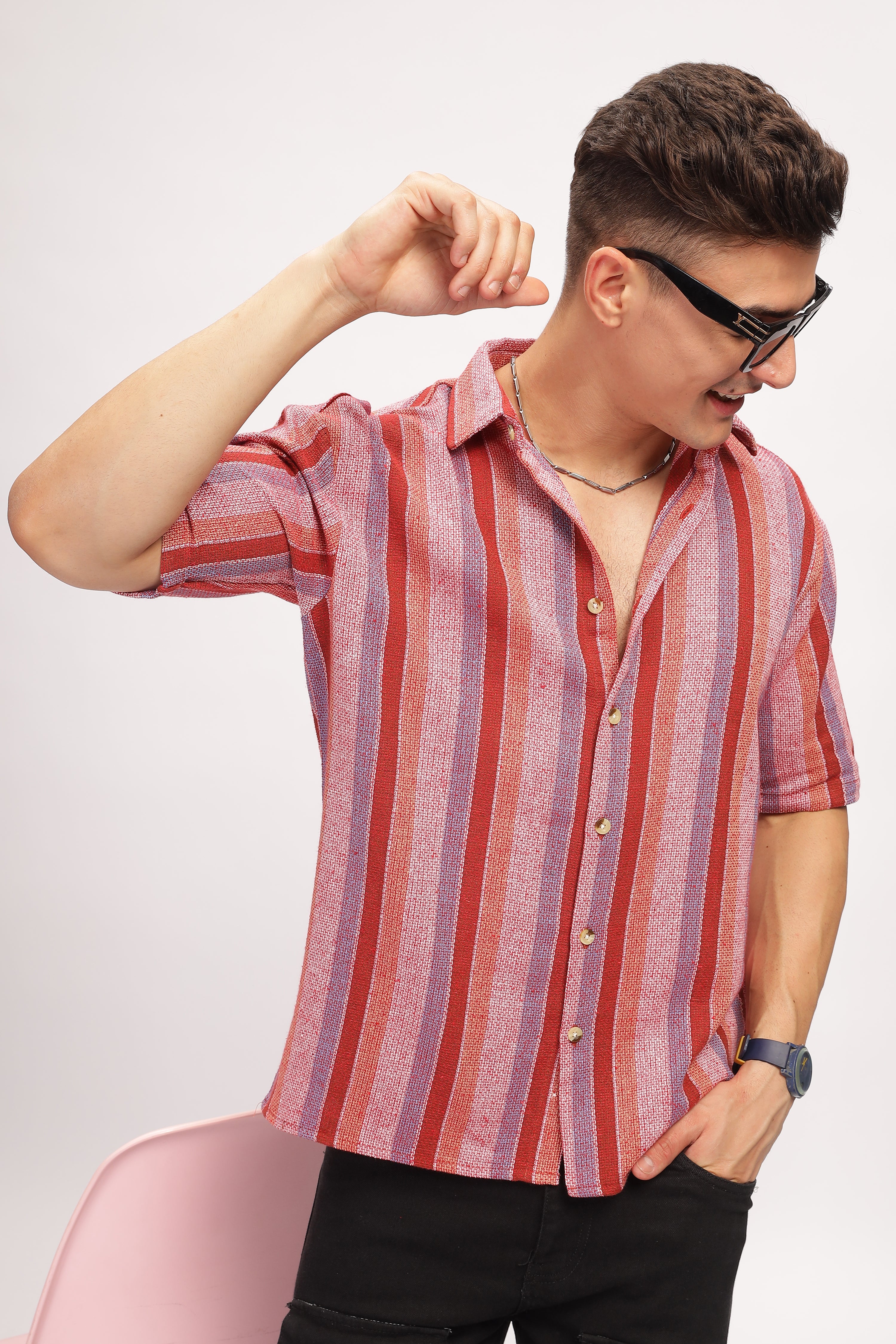 Red Striped Self Design Textured Shirt