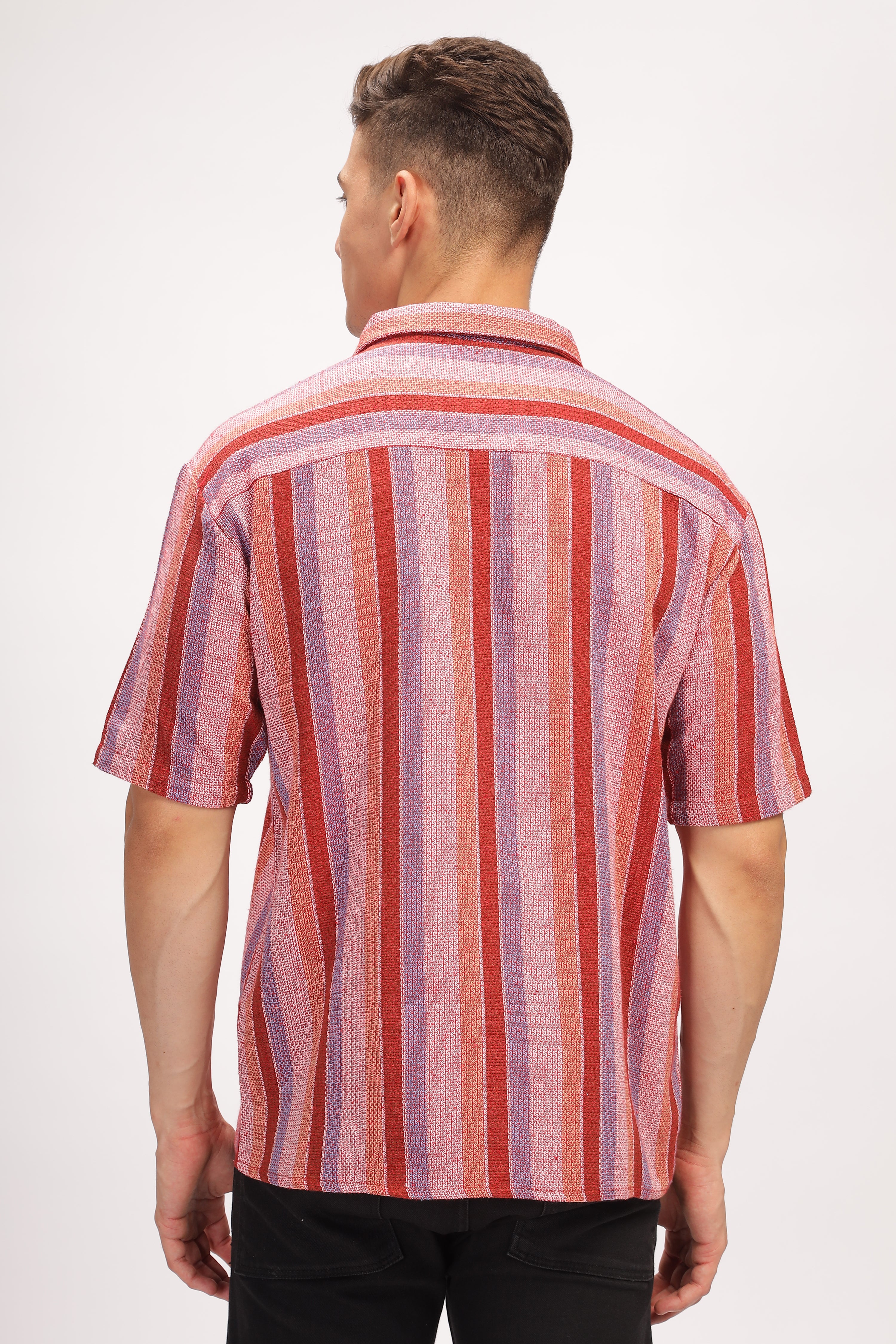 Red Striped Self Design Textured Shirt