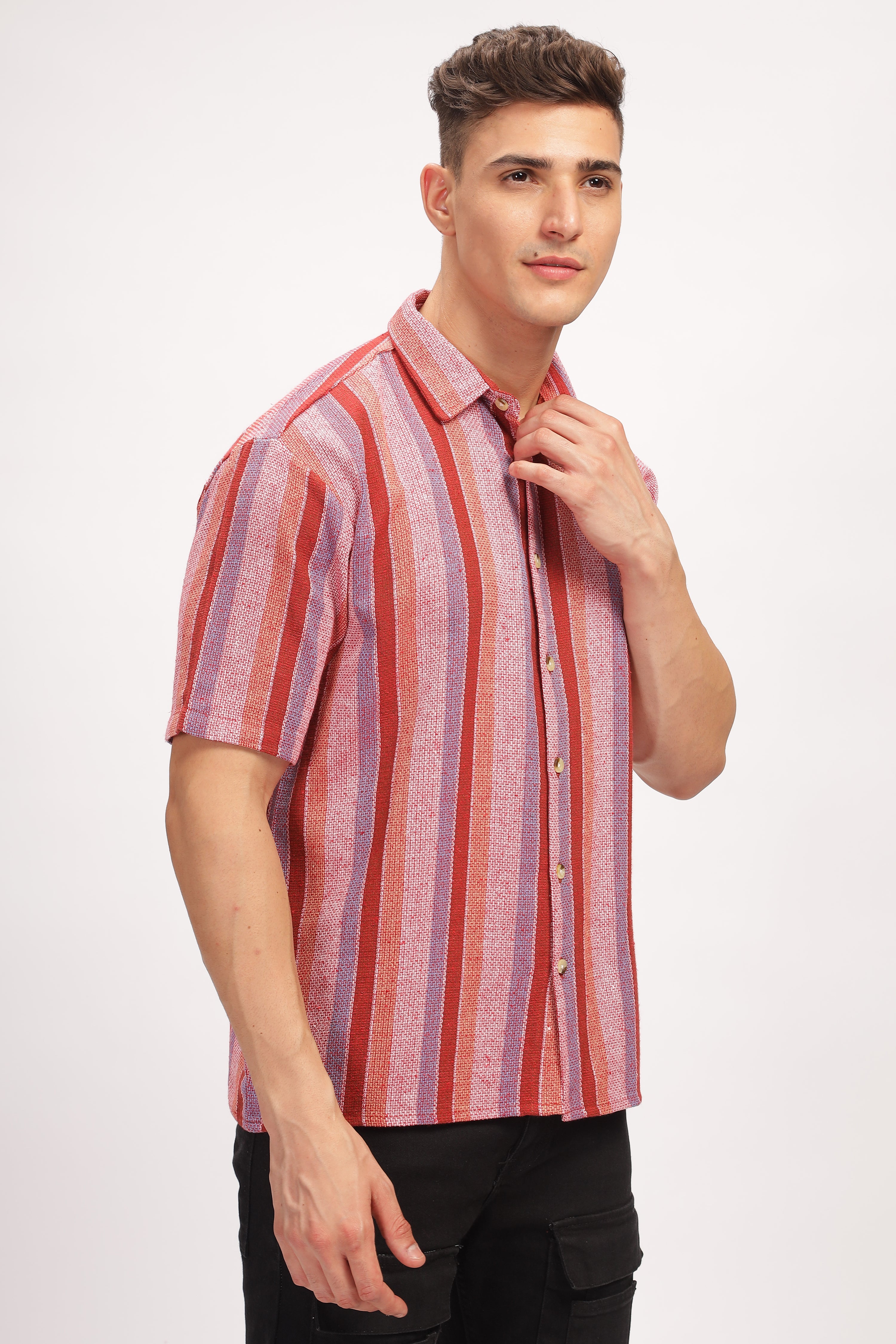 Red Striped Self Design Textured Shirt