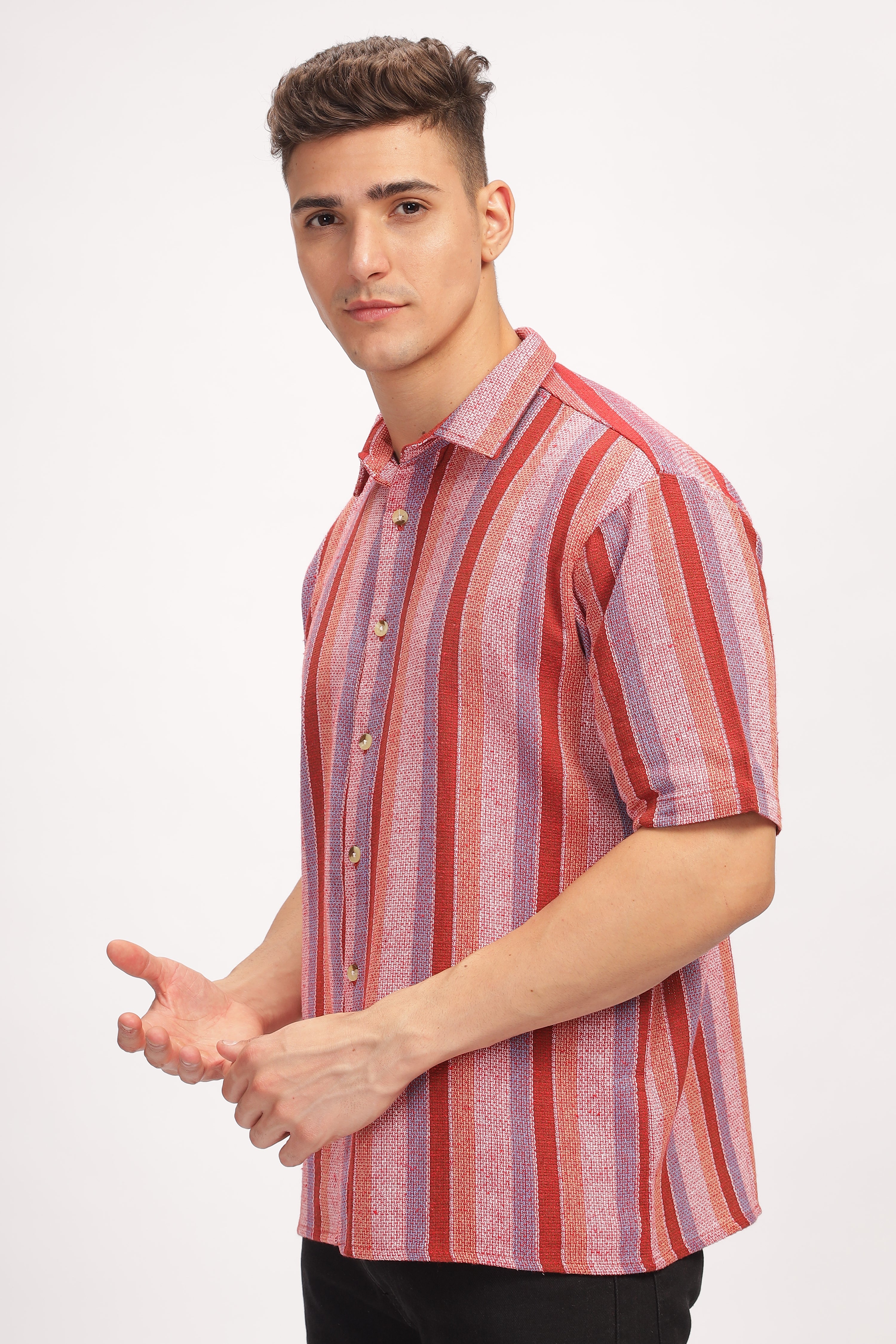 Red Striped Self Design Textured Shirt