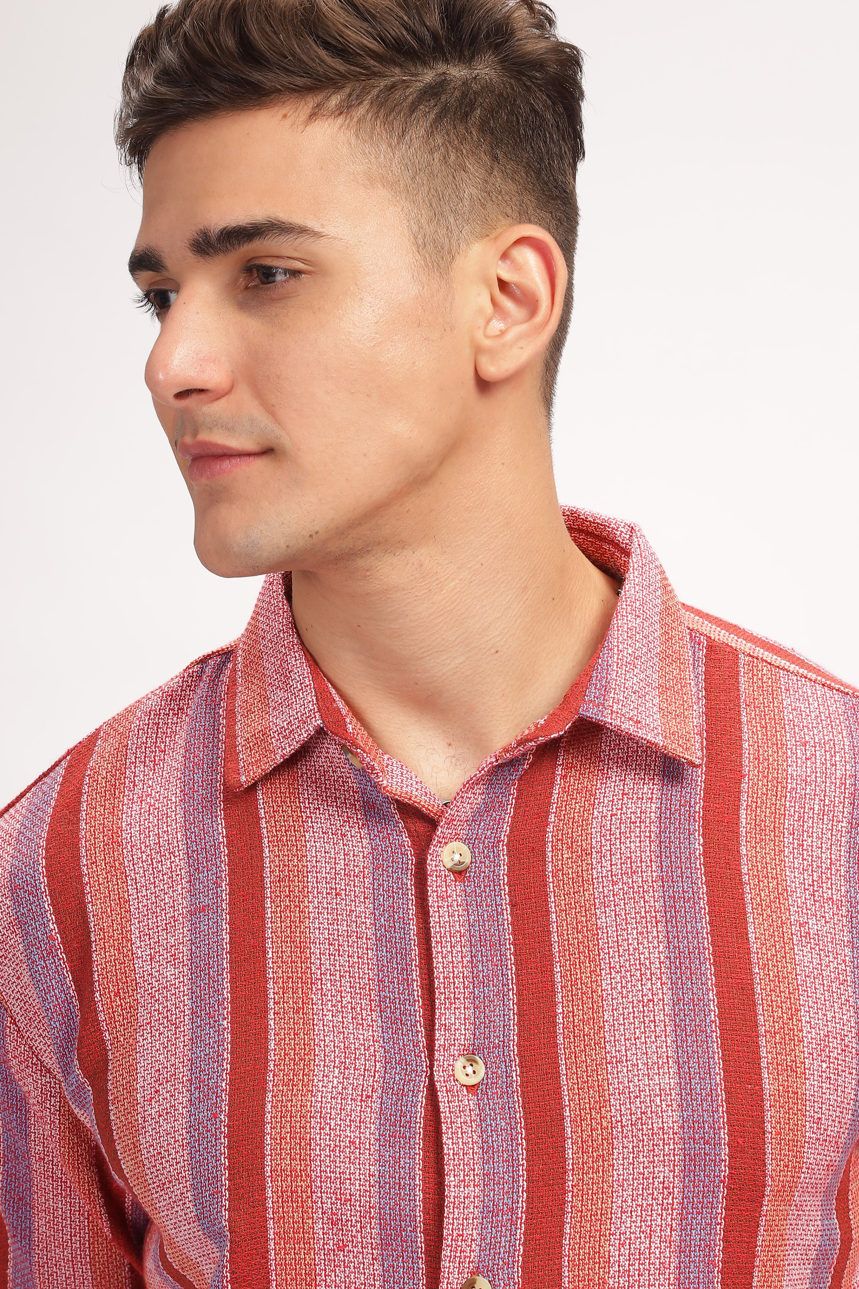 Red Striped Self Design Textured Shirt