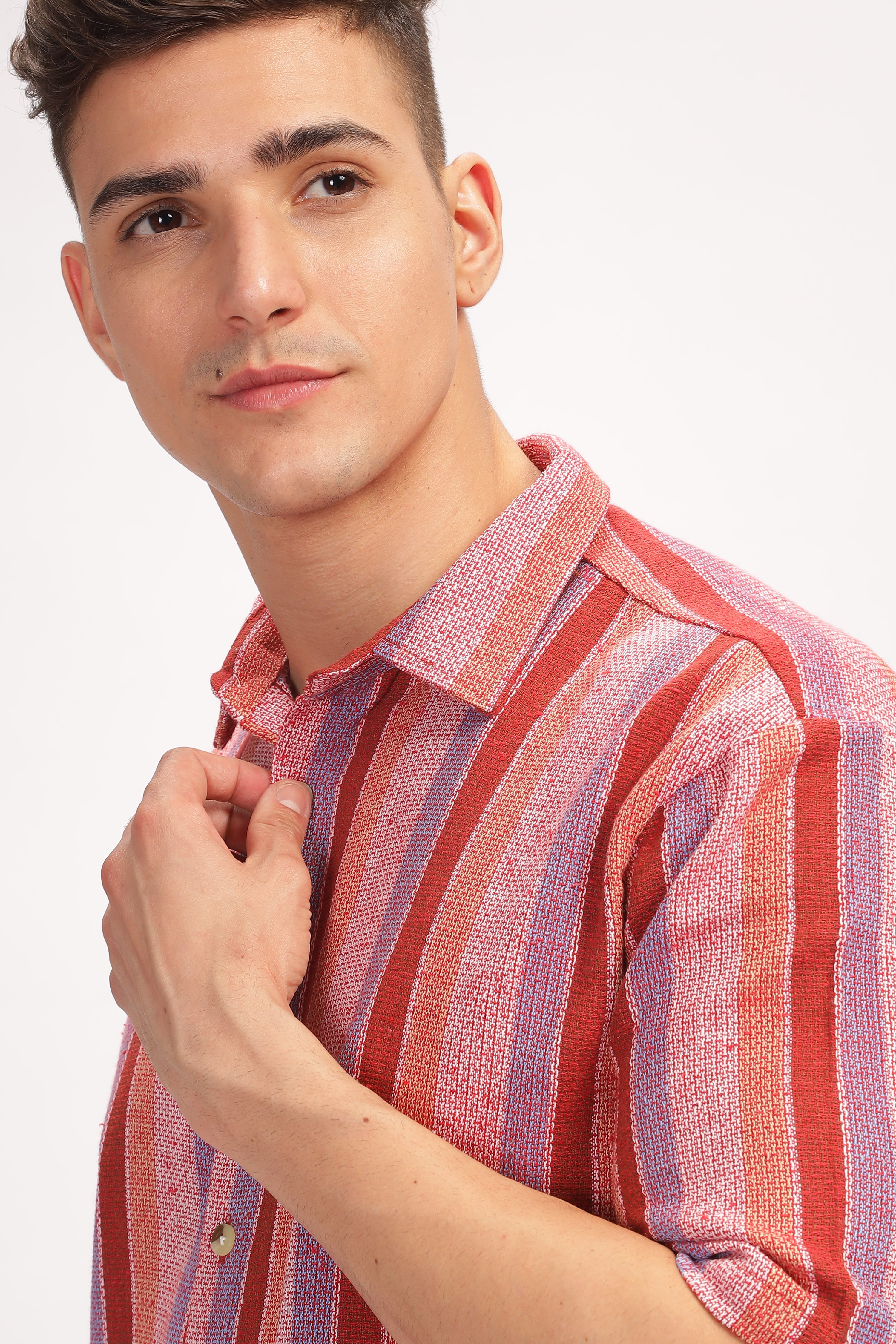 Red Striped Self Design Textured Shirt