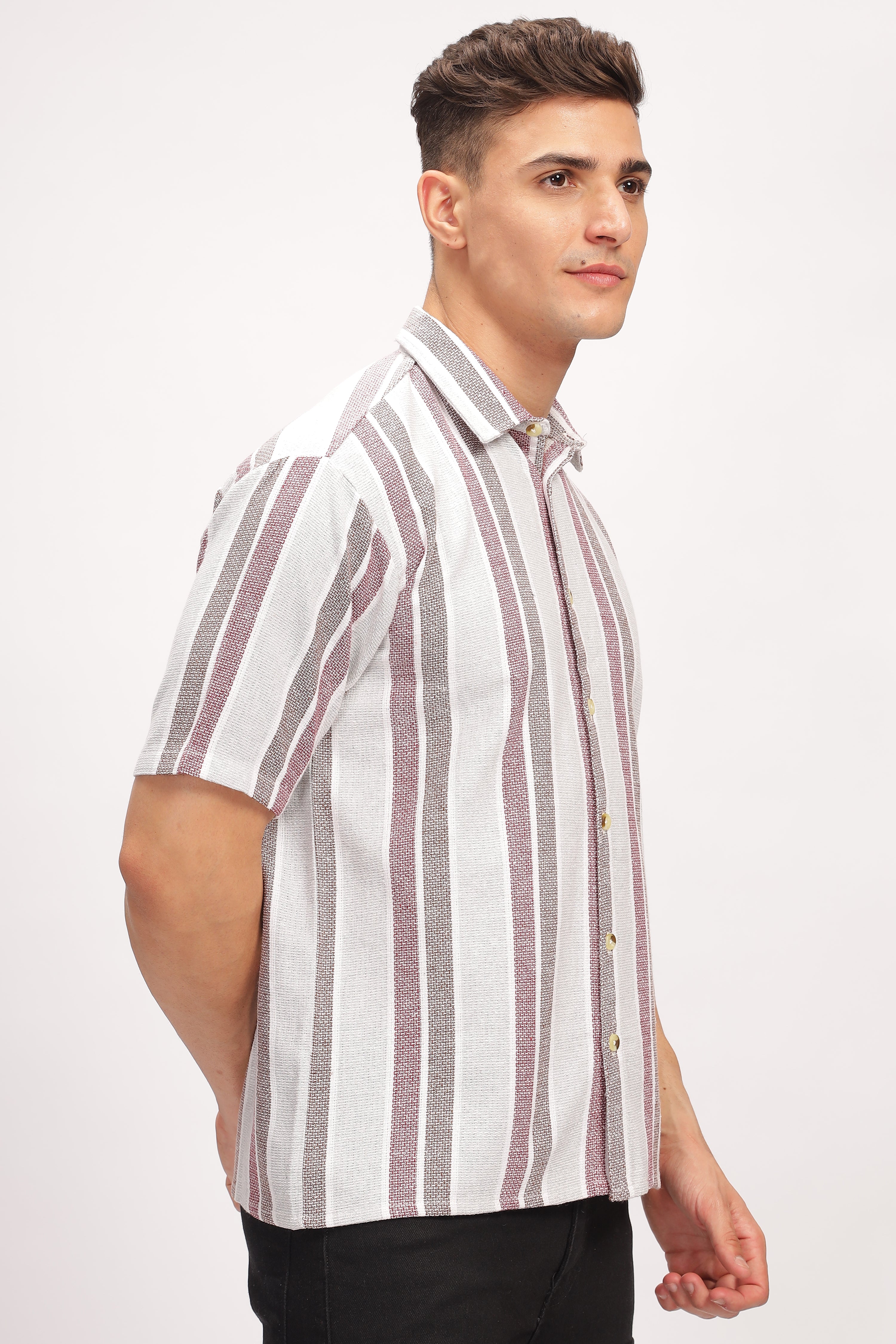 White Self Design Textured Striped Shirt