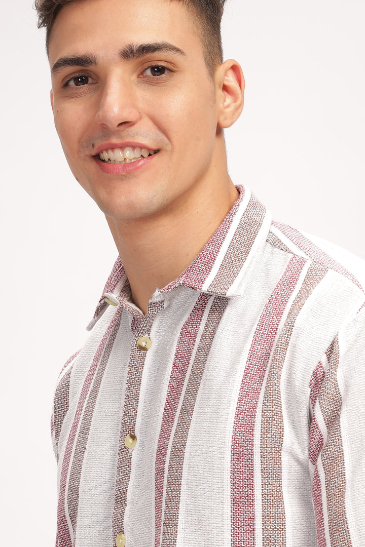 White Self Design Textured Striped Shirt