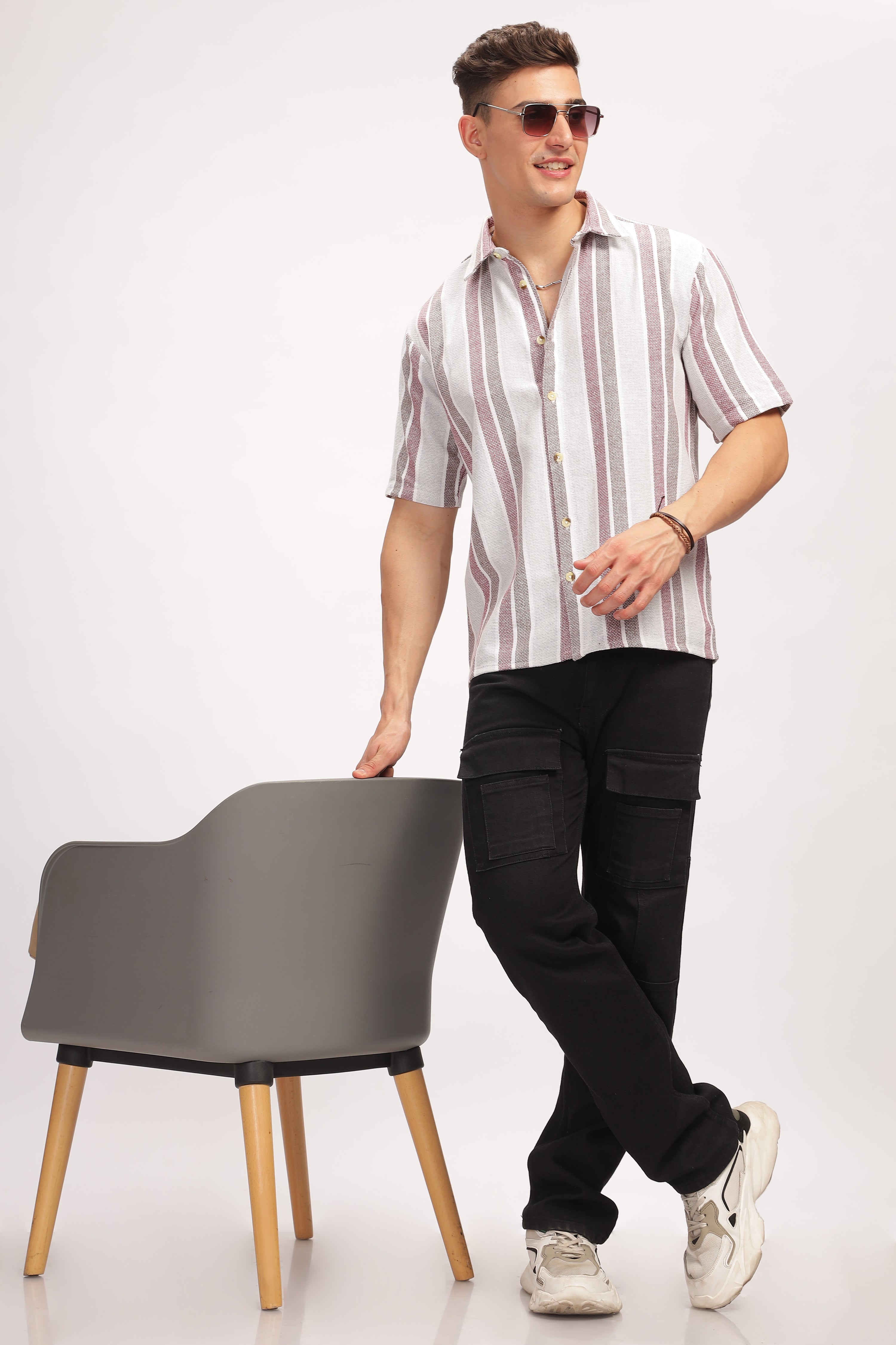 White Self Design Textured Striped Shirt