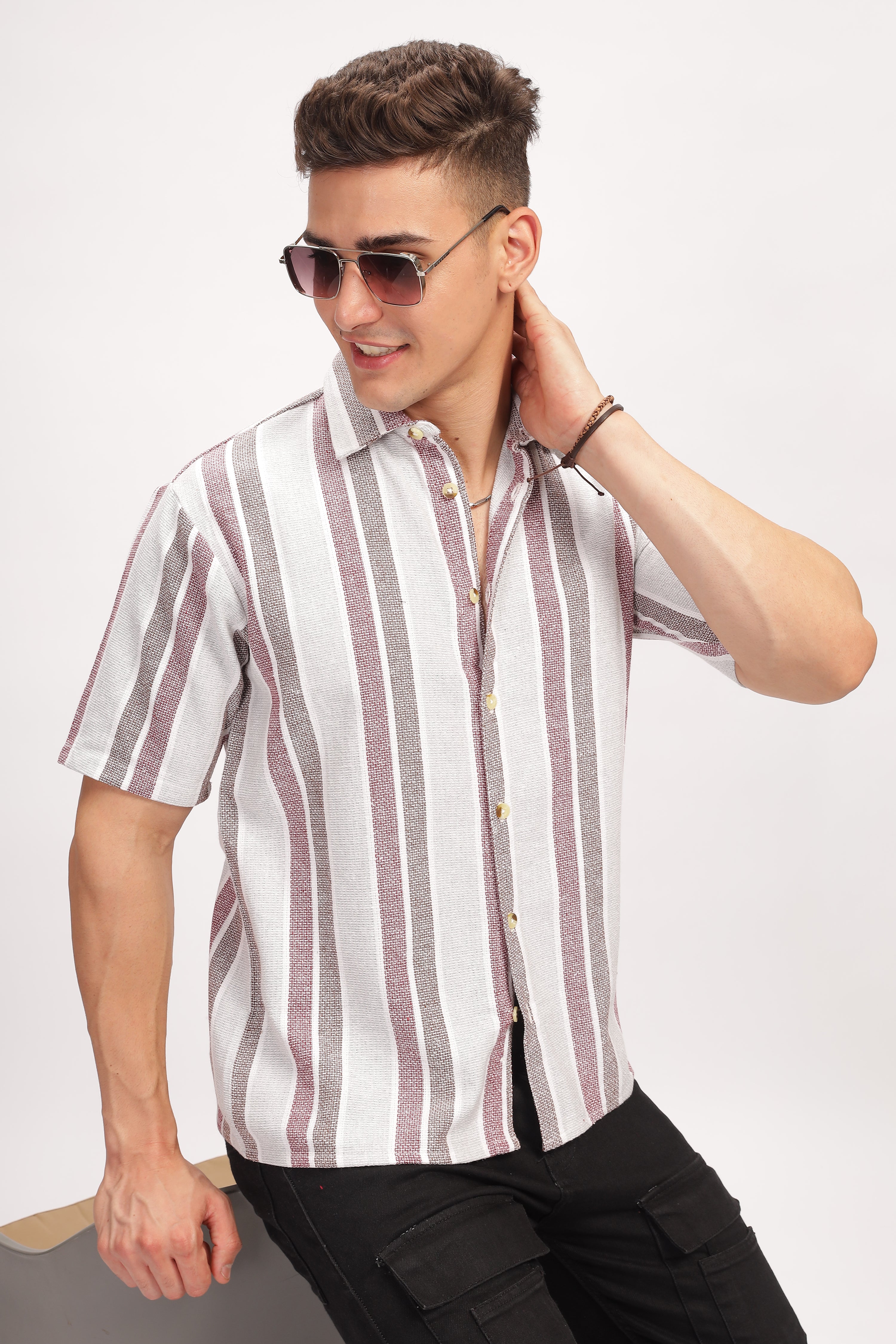 White Self Design Textured Striped Shirt