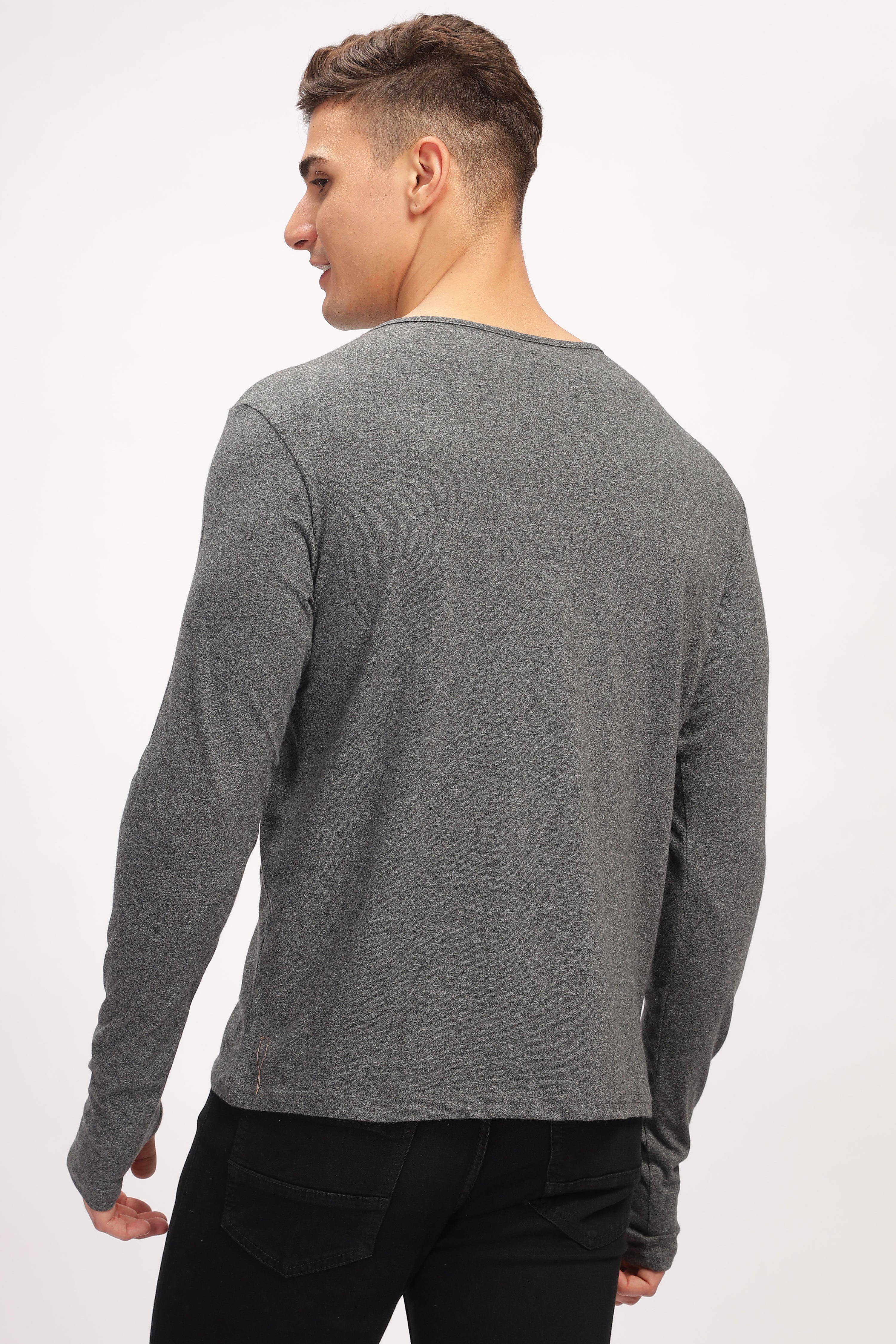 Dark Grey Tie up Neck Solid T-Shirt