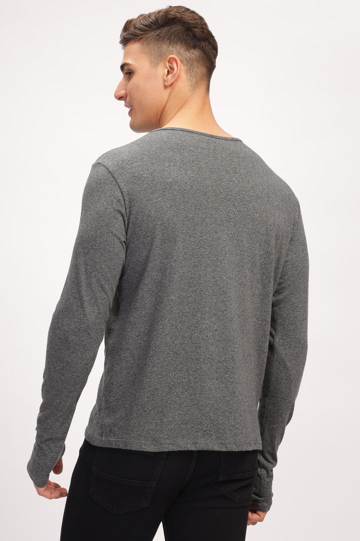 Dark Grey Tie up Neck Solid T-Shirt