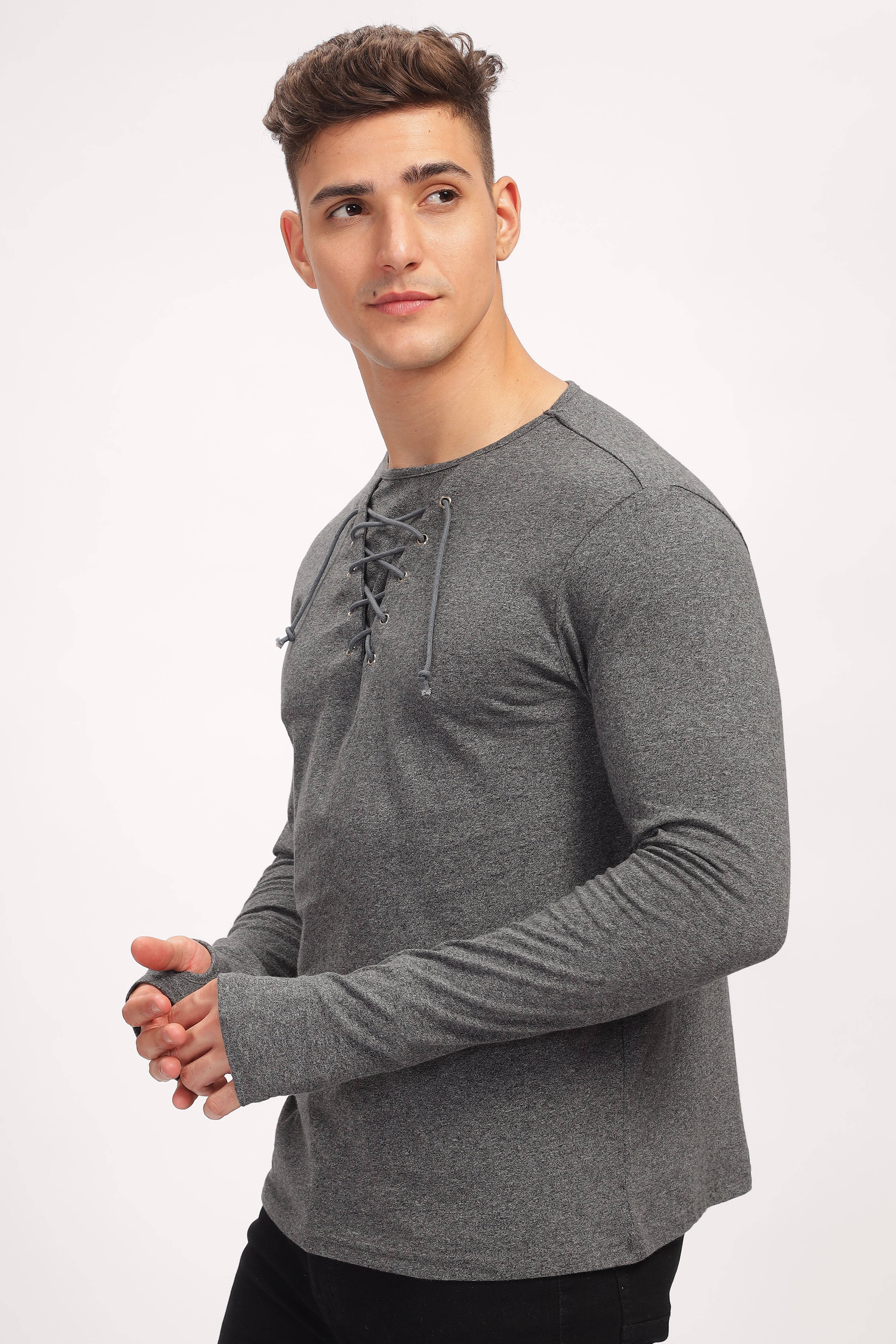 Dark Grey Tie up Neck Solid T-Shirt