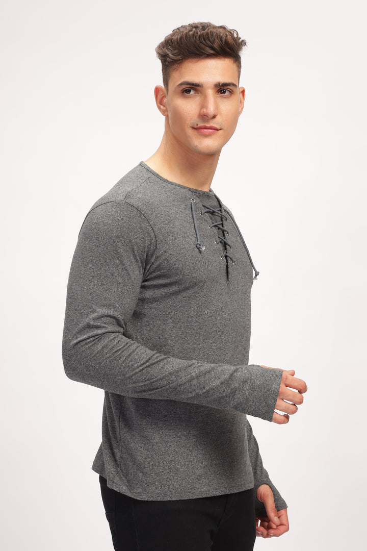Dark Grey Tie up Neck Solid T-Shirt
