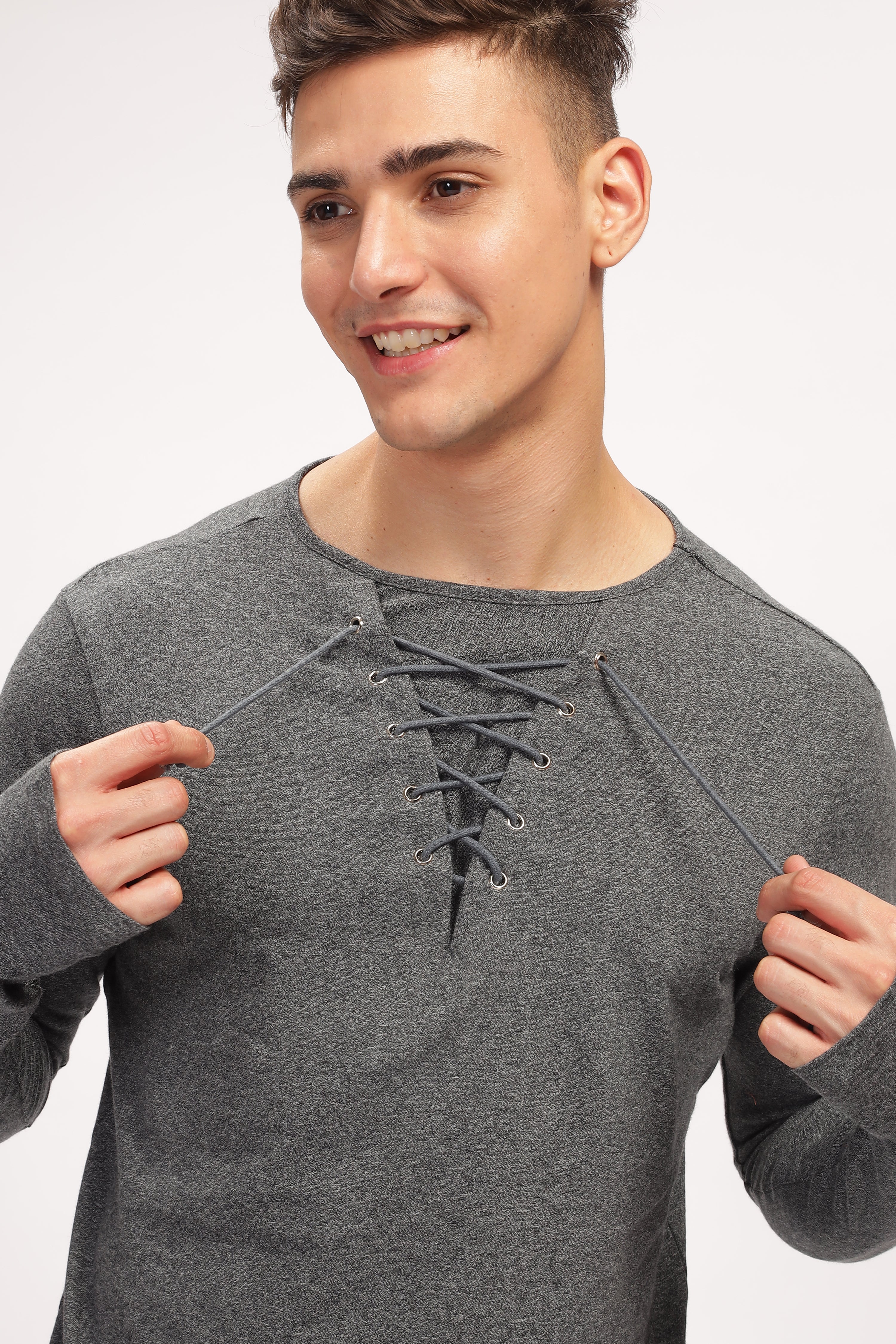 Dark Grey Tie up Neck Solid T-Shirt