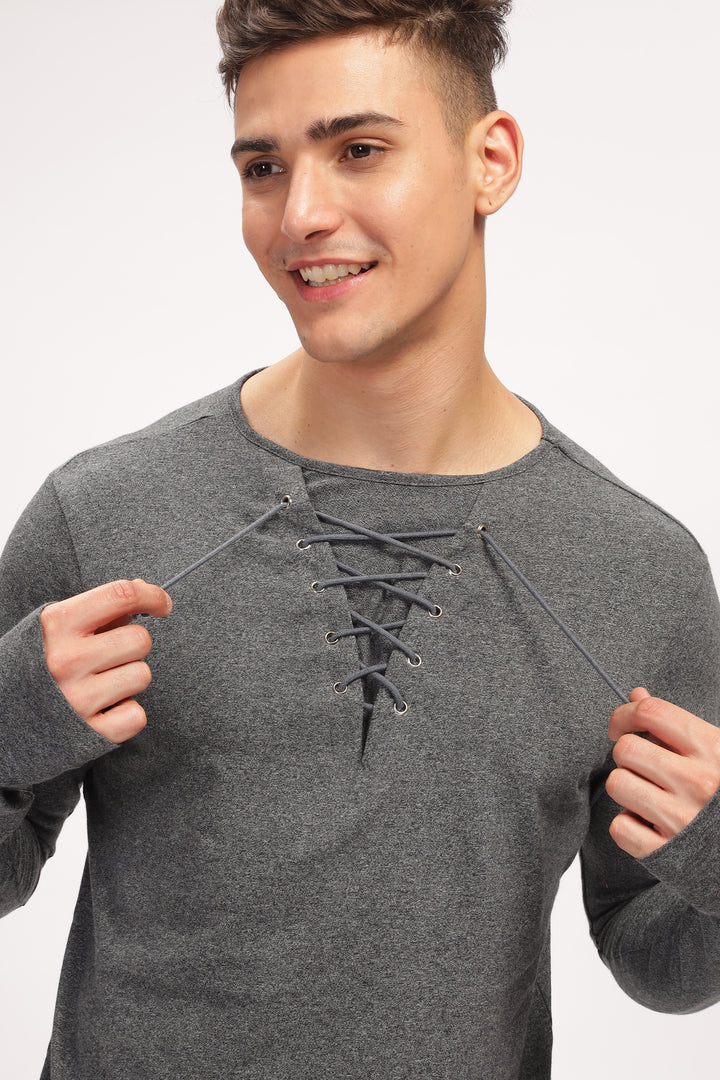 Dark Grey Tie up Neck Solid T-Shirt