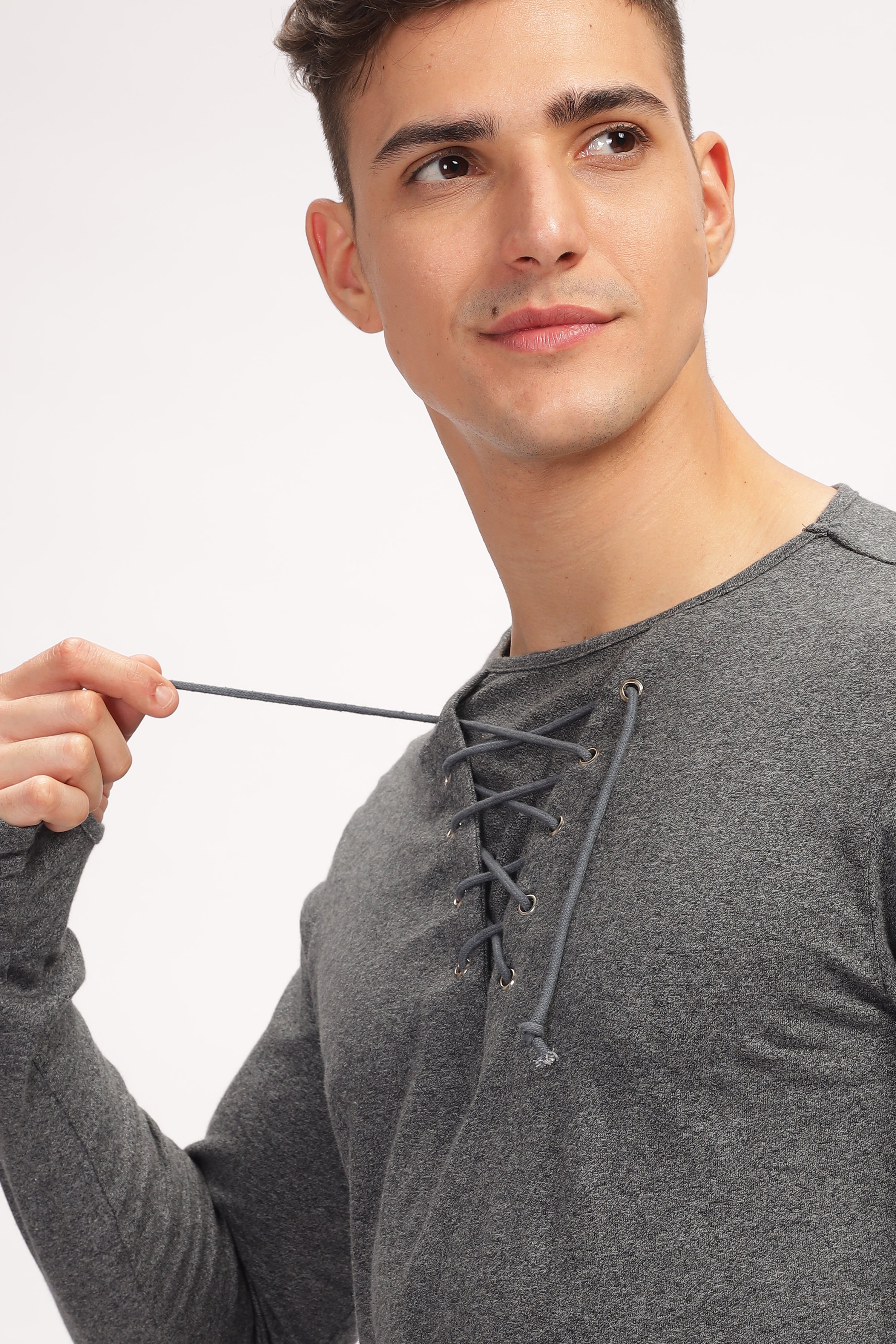 Dark Grey Tie up Neck Solid T-Shirt