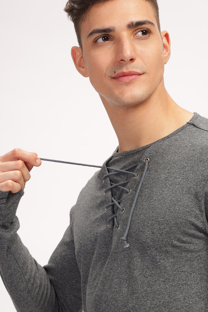 Dark Grey Tie up Neck Solid T-Shirt