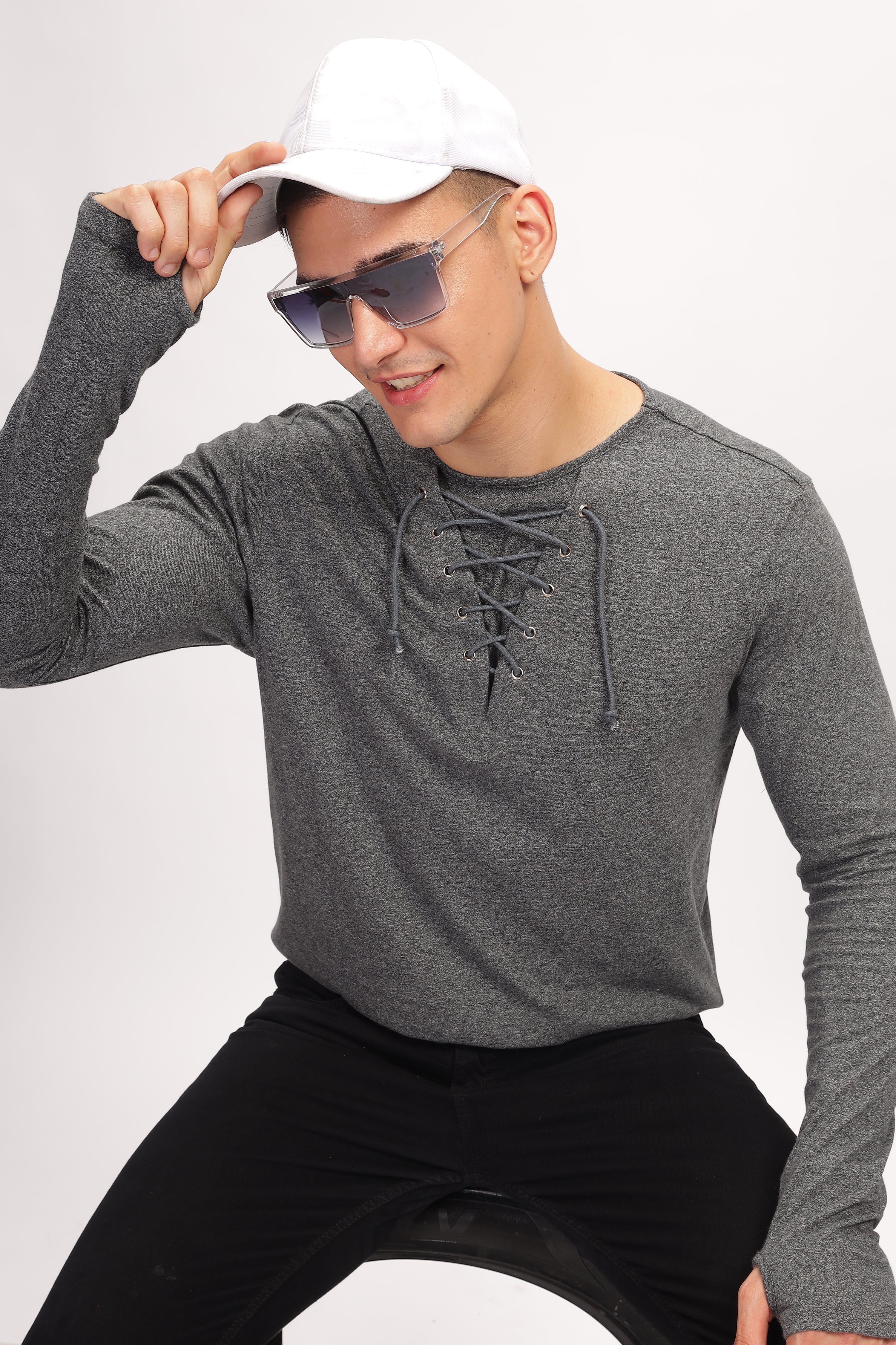 Dark Grey Tie up Neck Solid T-Shirt