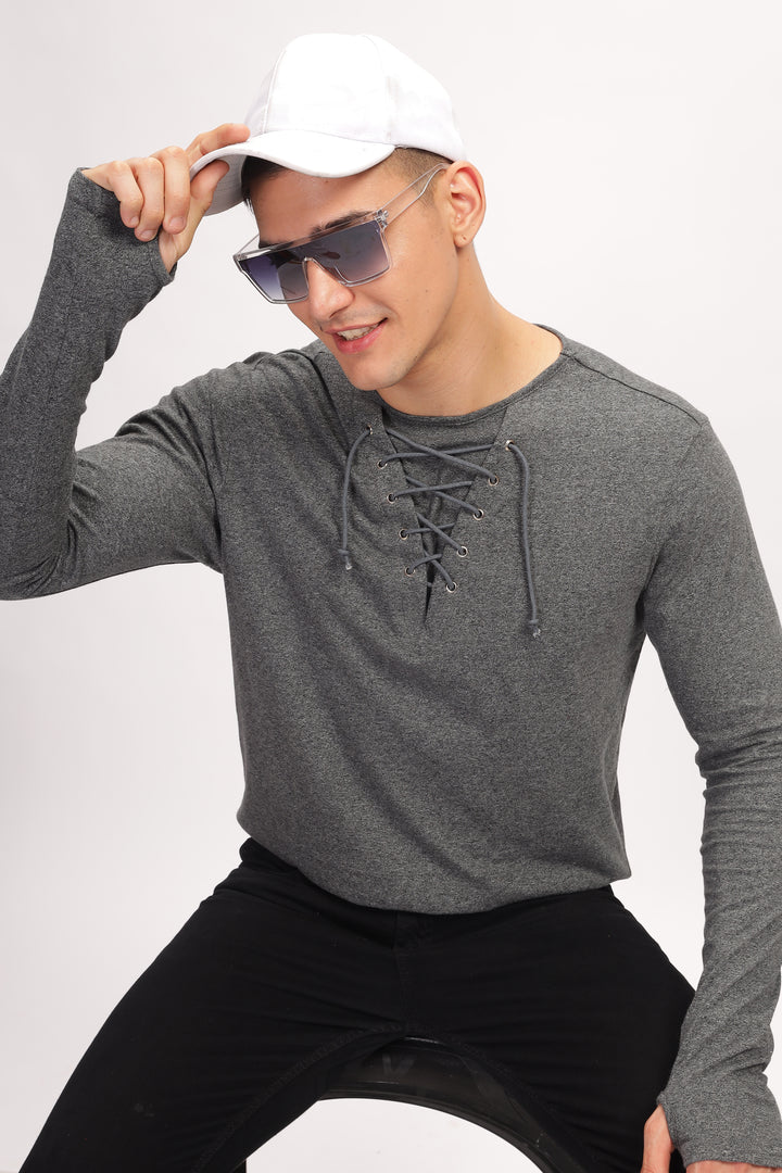 Dark Grey Tie up Neck Solid T-Shirt