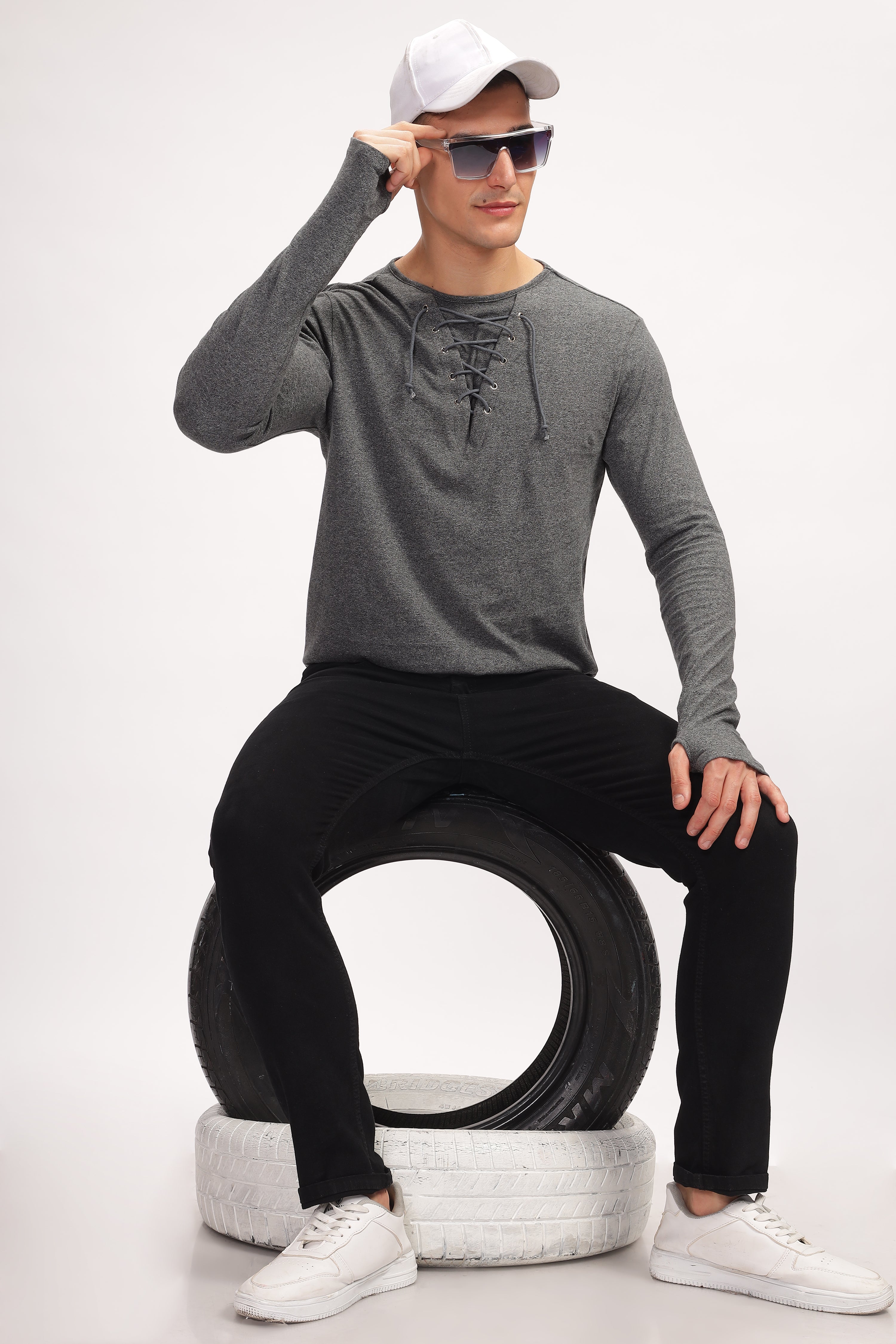 Dark Grey Tie up Neck Solid T-Shirt