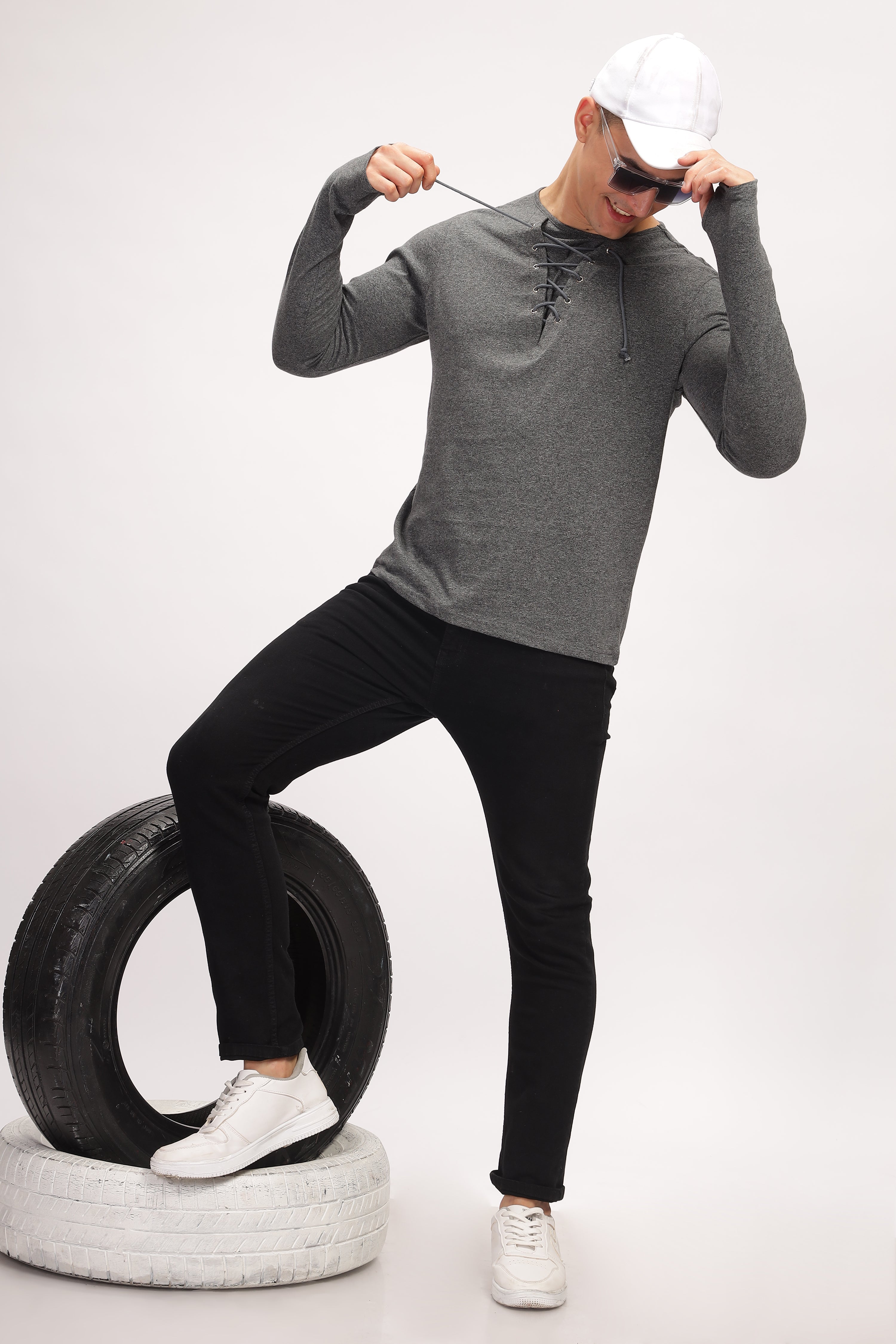 Dark Grey Tie up Neck Solid T-Shirt