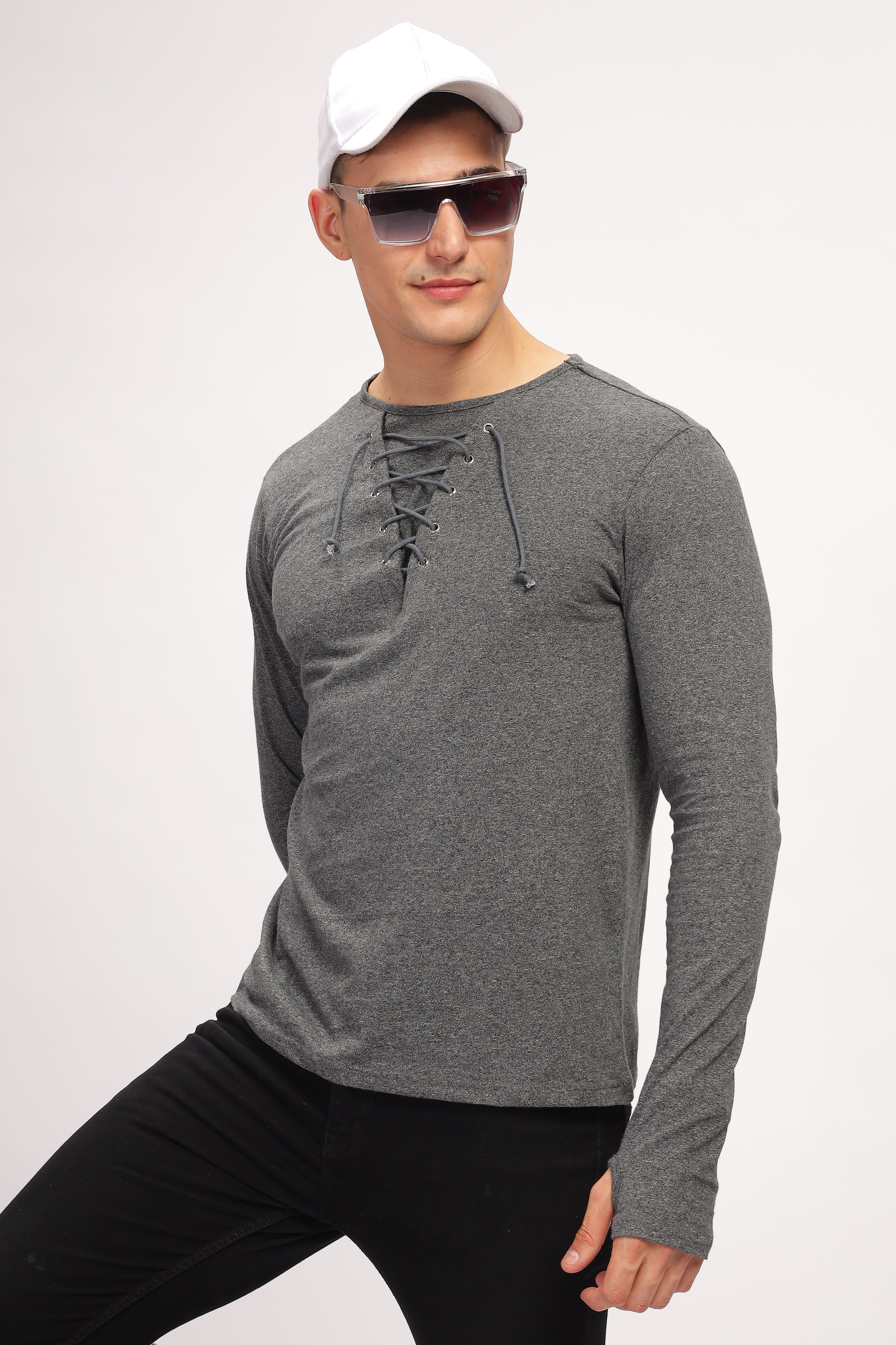 Dark Grey Tie up Neck Solid T-Shirt