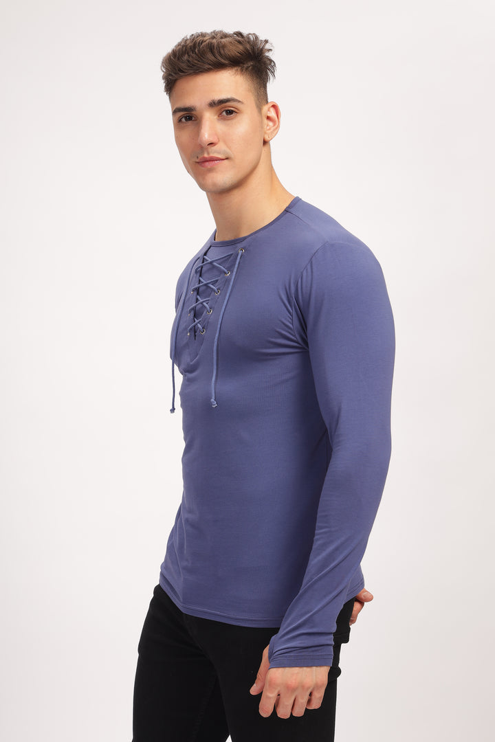 Blue Tie up Neck Solid T-Shirt