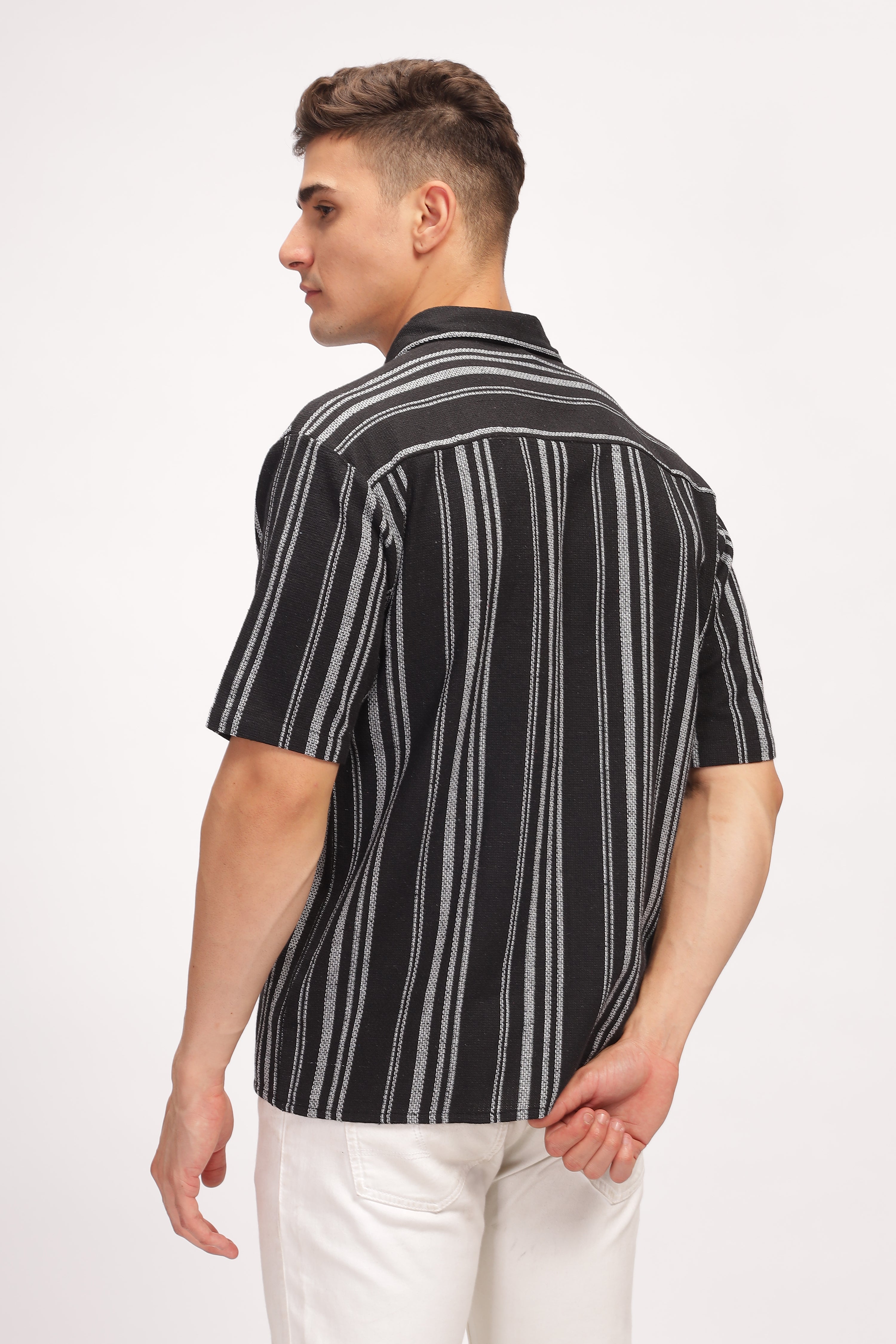 Black Striped Self Design Shirt