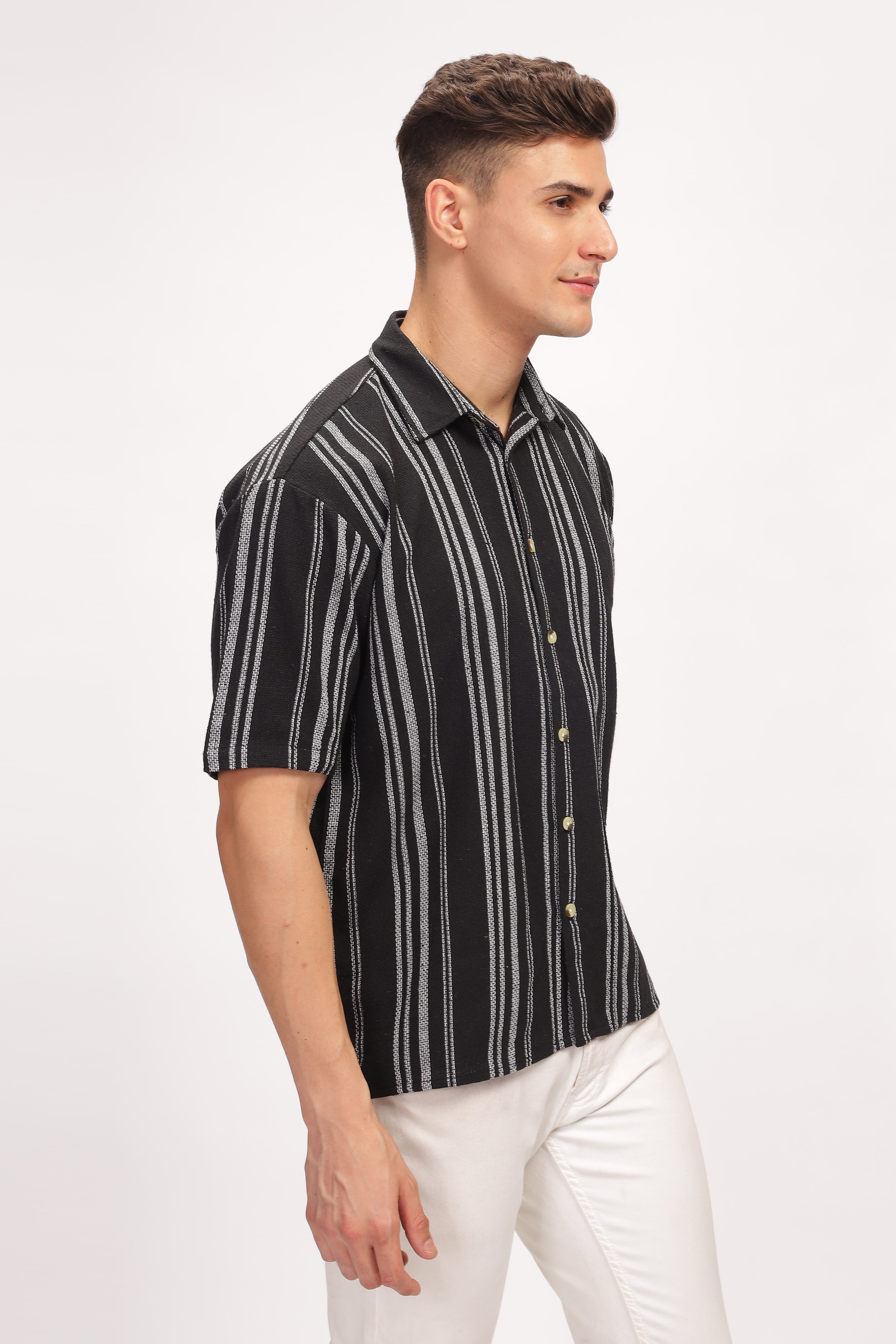 Black Striped Self Design Shirt