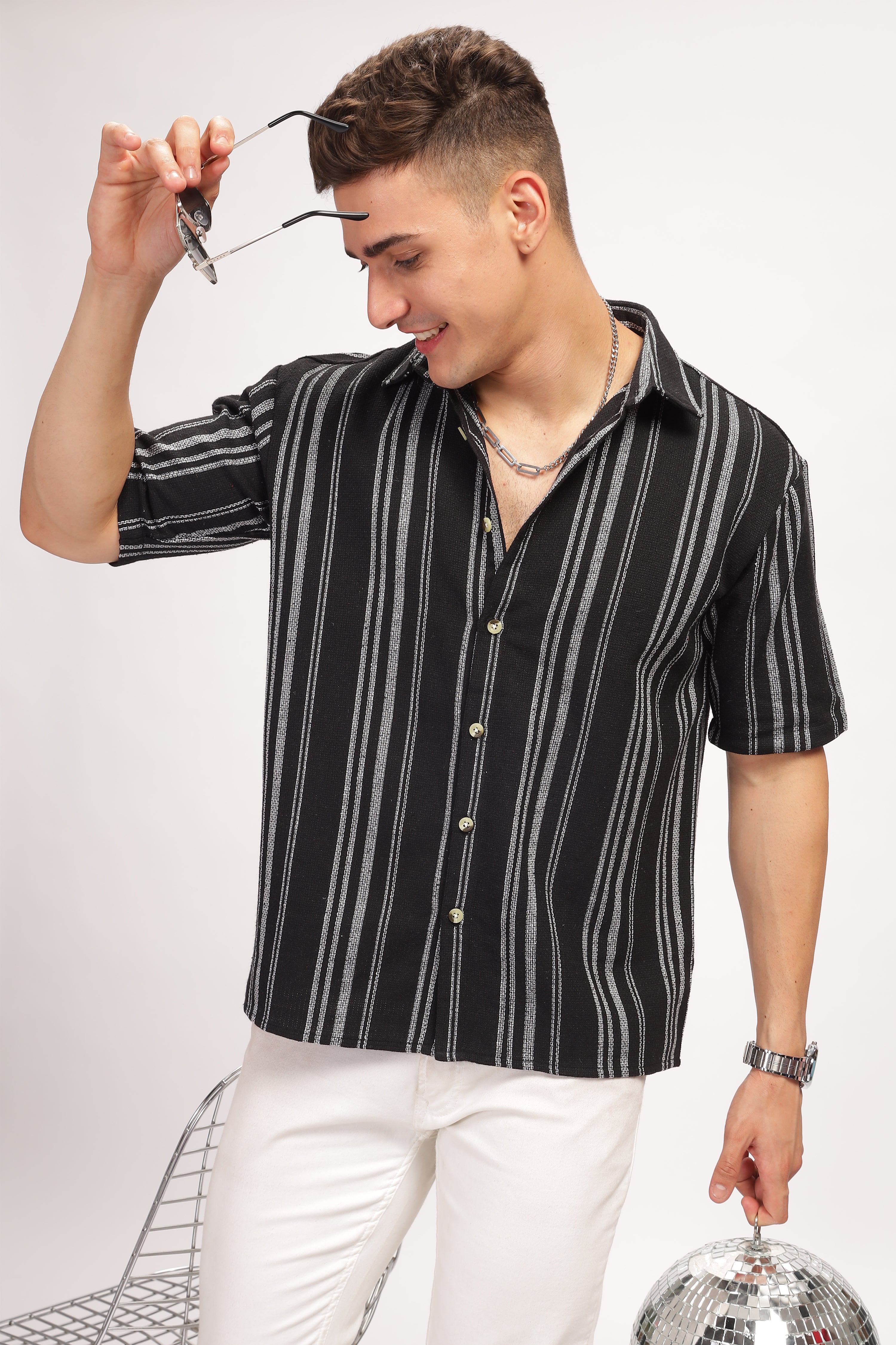 Black Striped Self Design Shirt