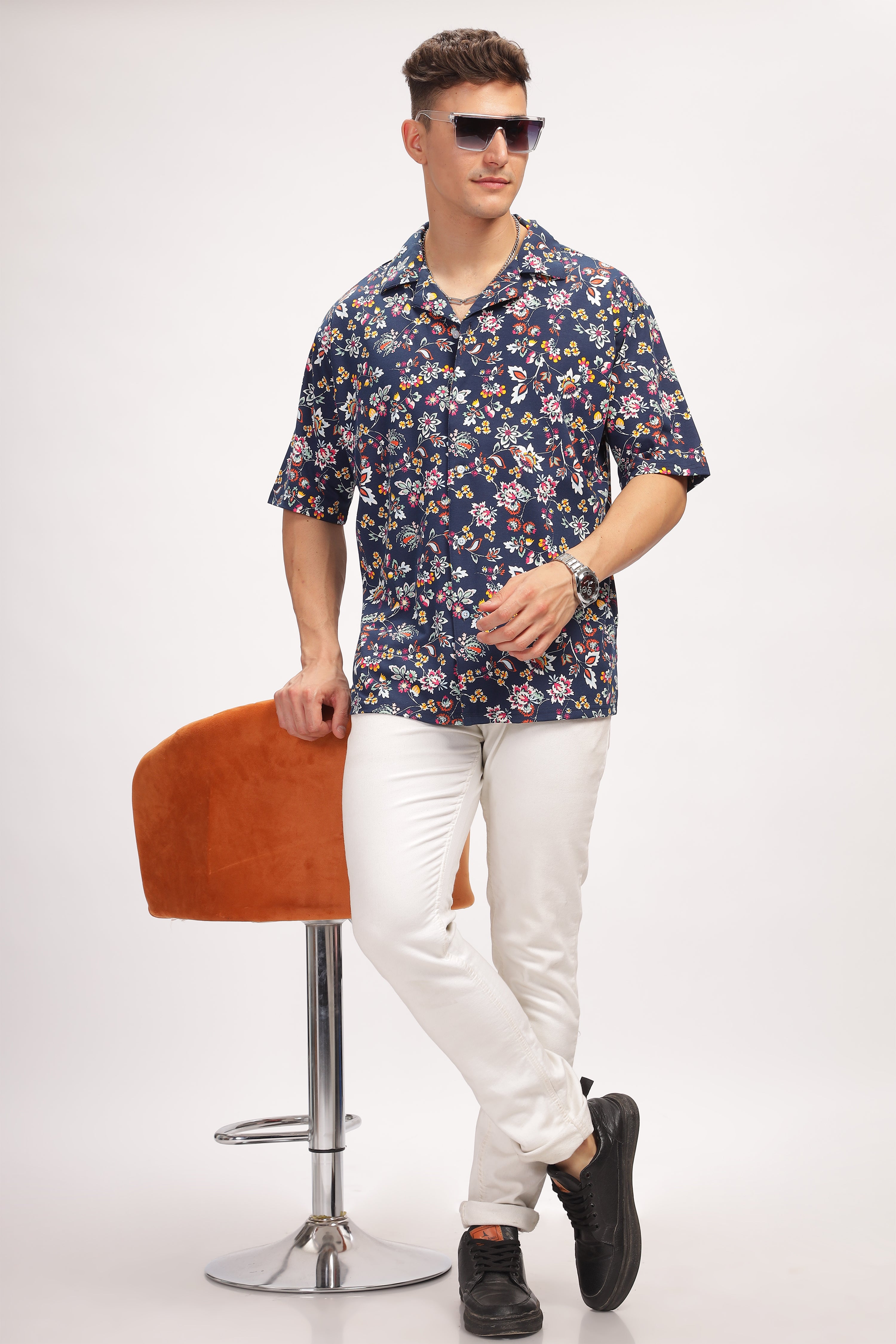 Navy Blue Floral Revere Collar Shirt