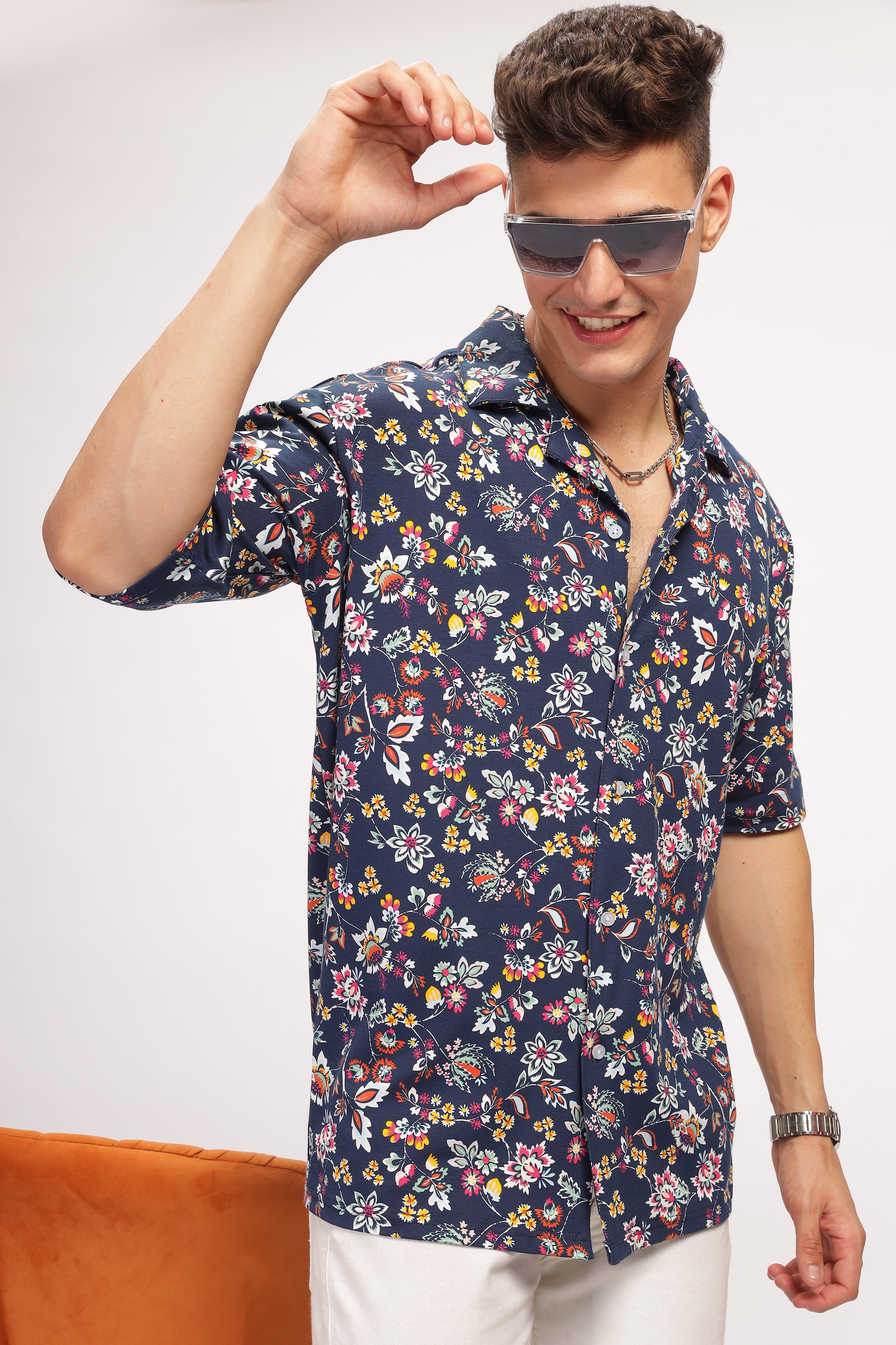 Navy Blue Floral Revere Collar Shirt