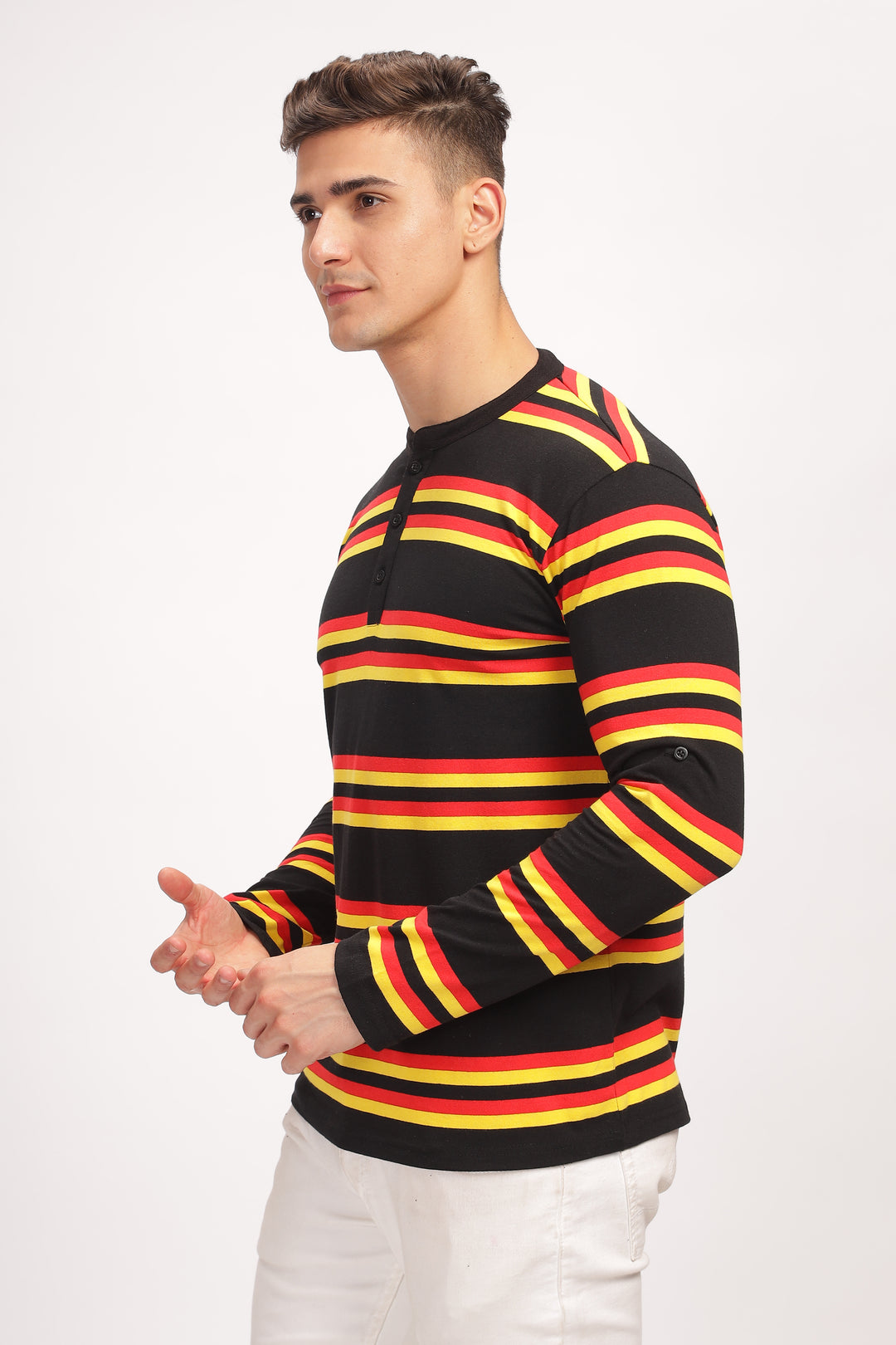 Red Black Color Blocked Henley Neck T-Shirt