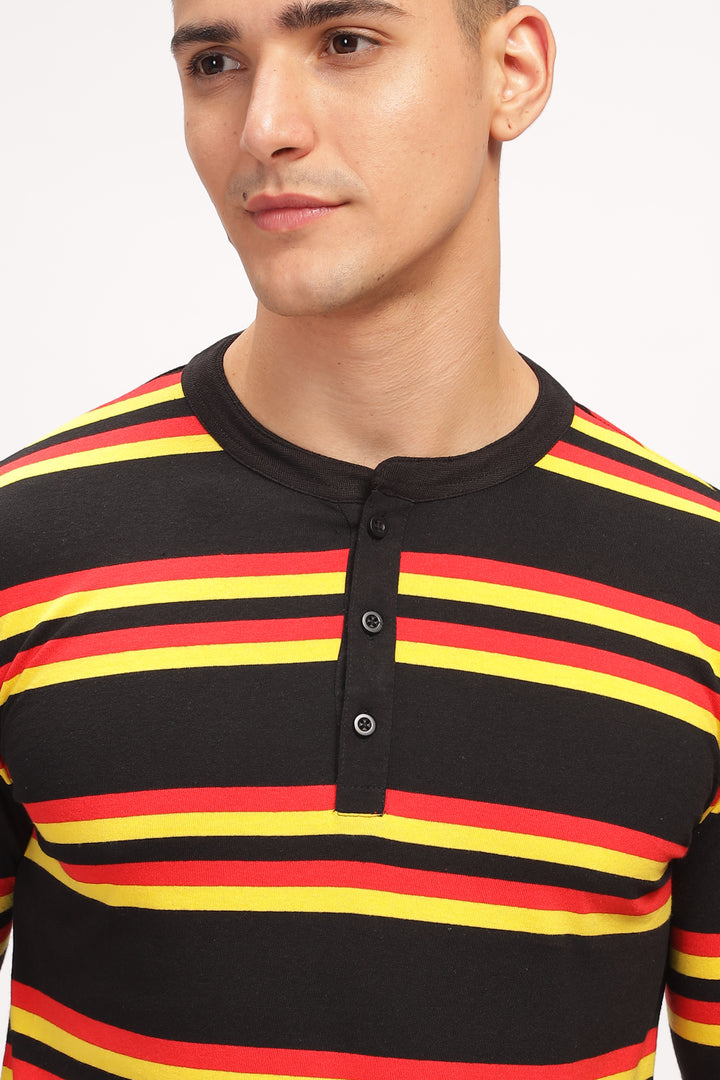 Red Black Color Blocked Henley Neck T-Shirt